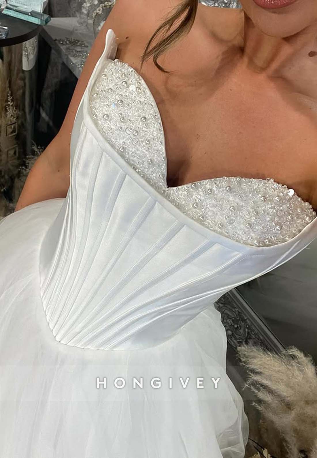 Pleated Beading Strapless Court Train Princess Wedding Dresses