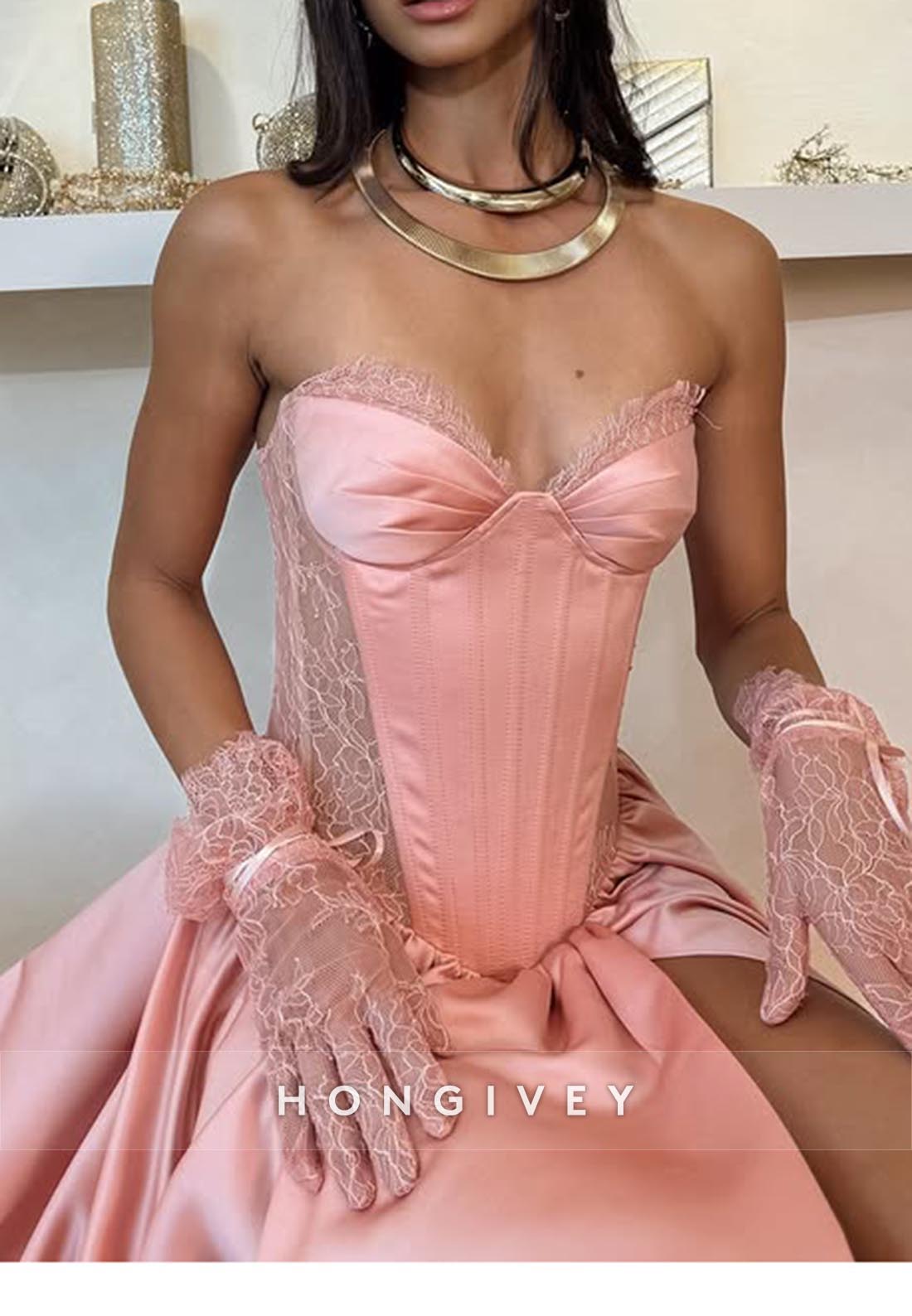 Couture High Slit Sweetheart Wedding Guest Dresses with Lace Gloves