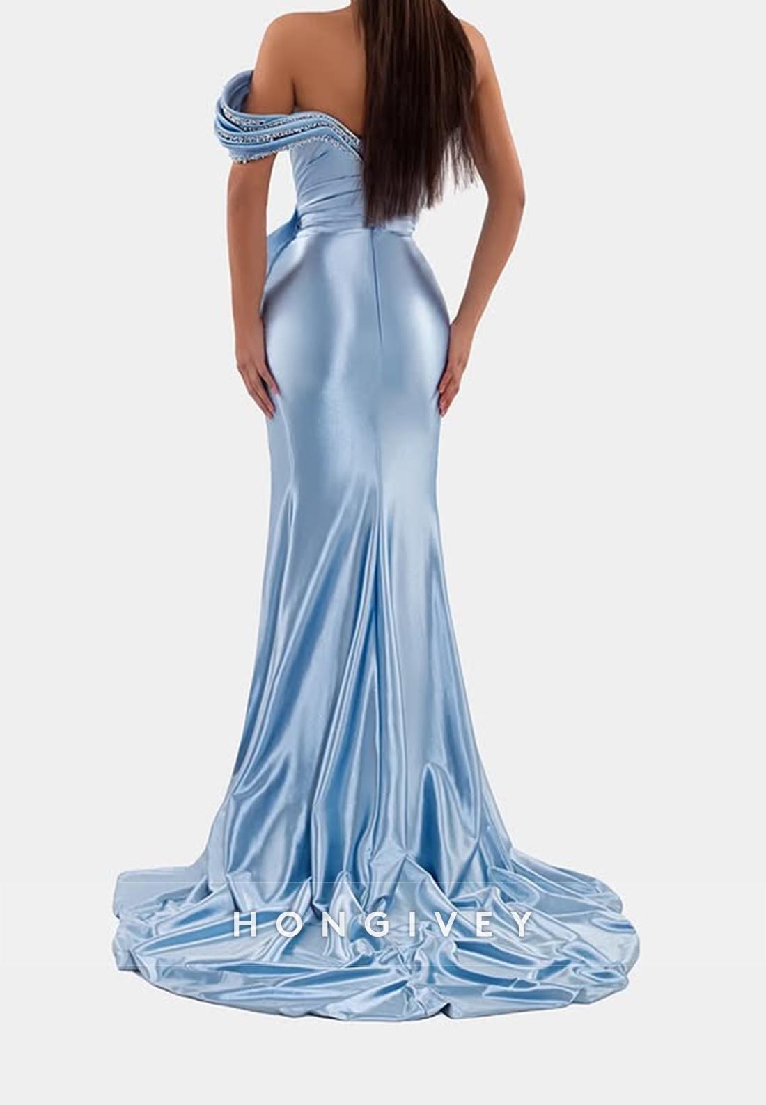 Sky Blue Rhinestone One Shoulder Mermaid Long Prom Dresses 2025
