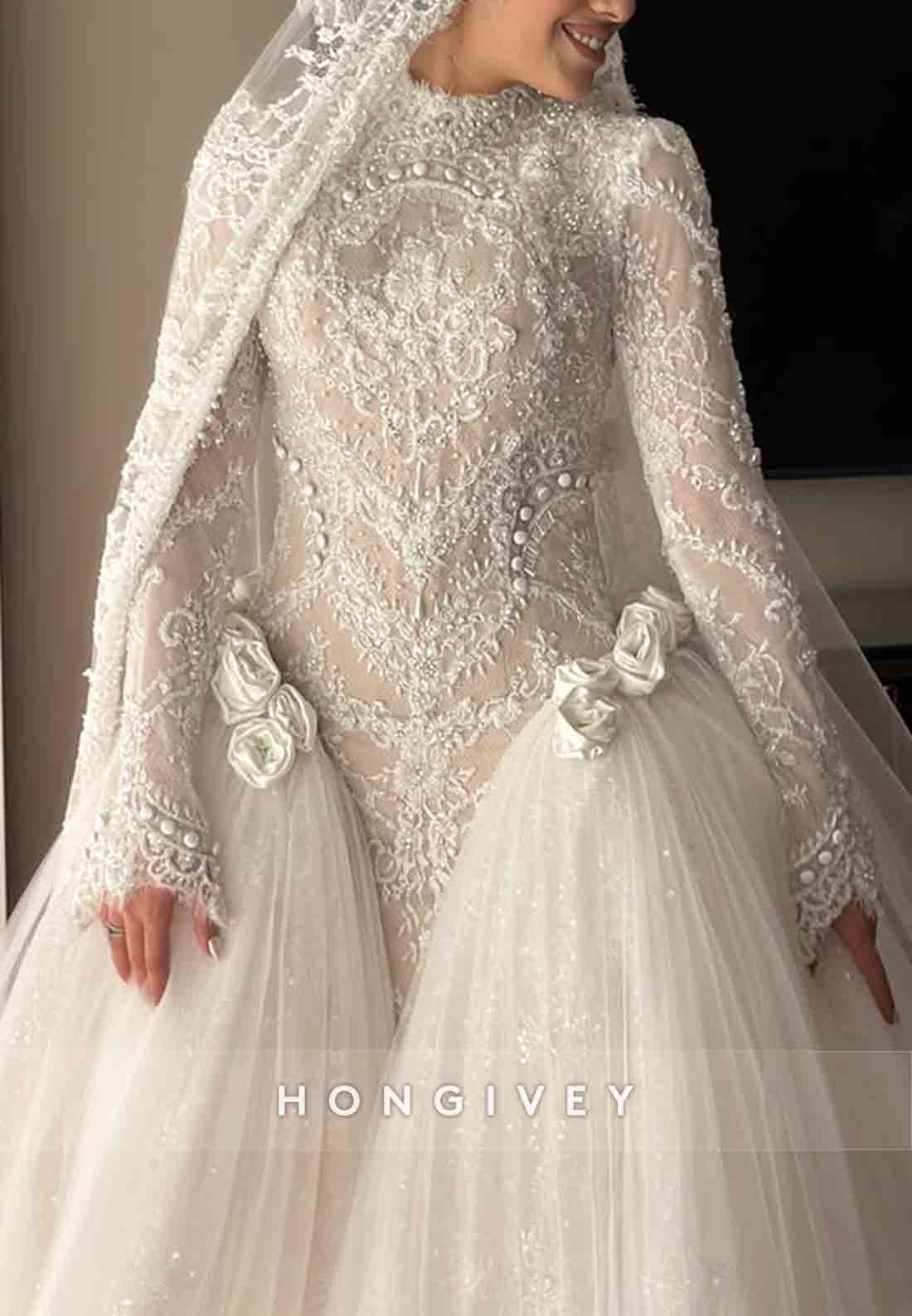 Tulle High Neck Long Sleeves Bridal Gown Beaded Lace Wedding Dresses with 3D Flowers