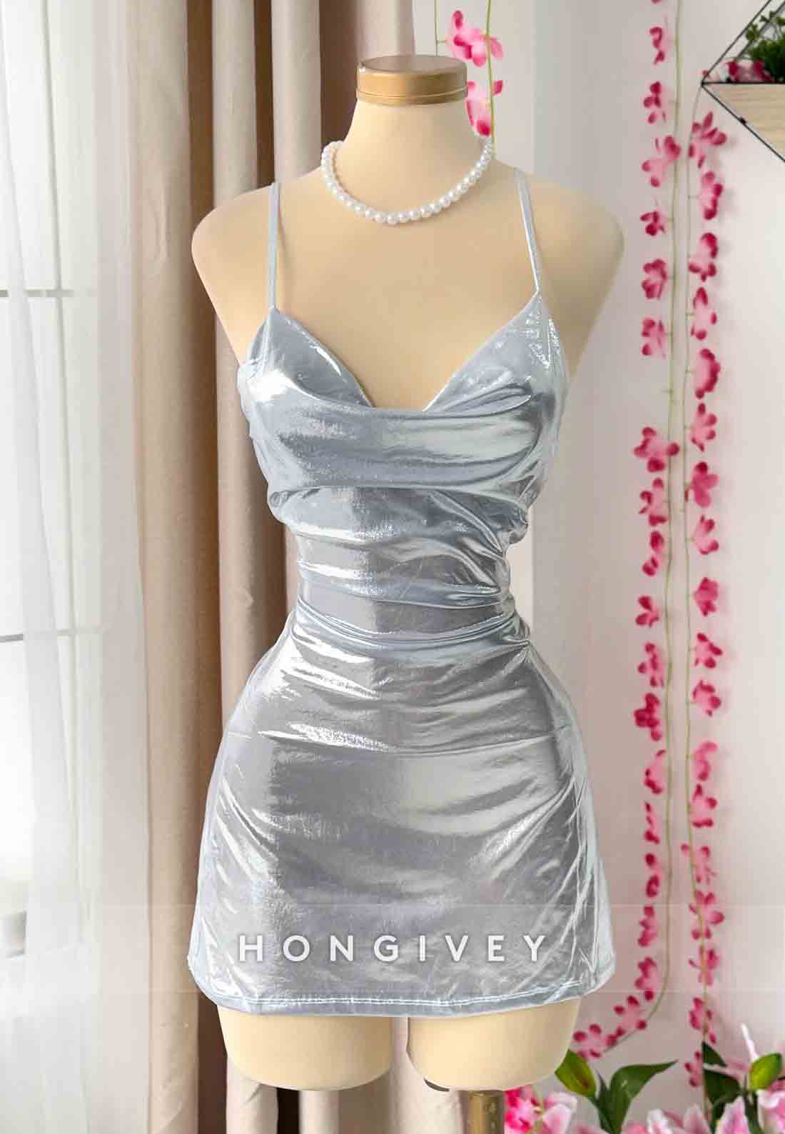 Spaghetti Straps Cowl Neck Sheath Sleeveless Pleated Short Homecoming Dresses