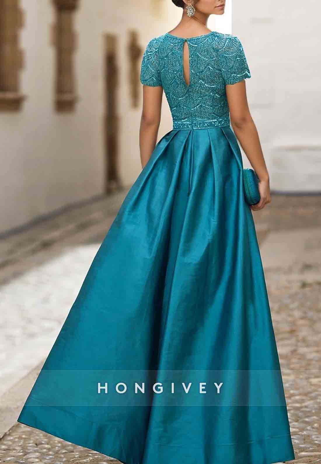 Short Sleeves Floor-Length High Slit Satin Evening Gowns with Keyhole Back