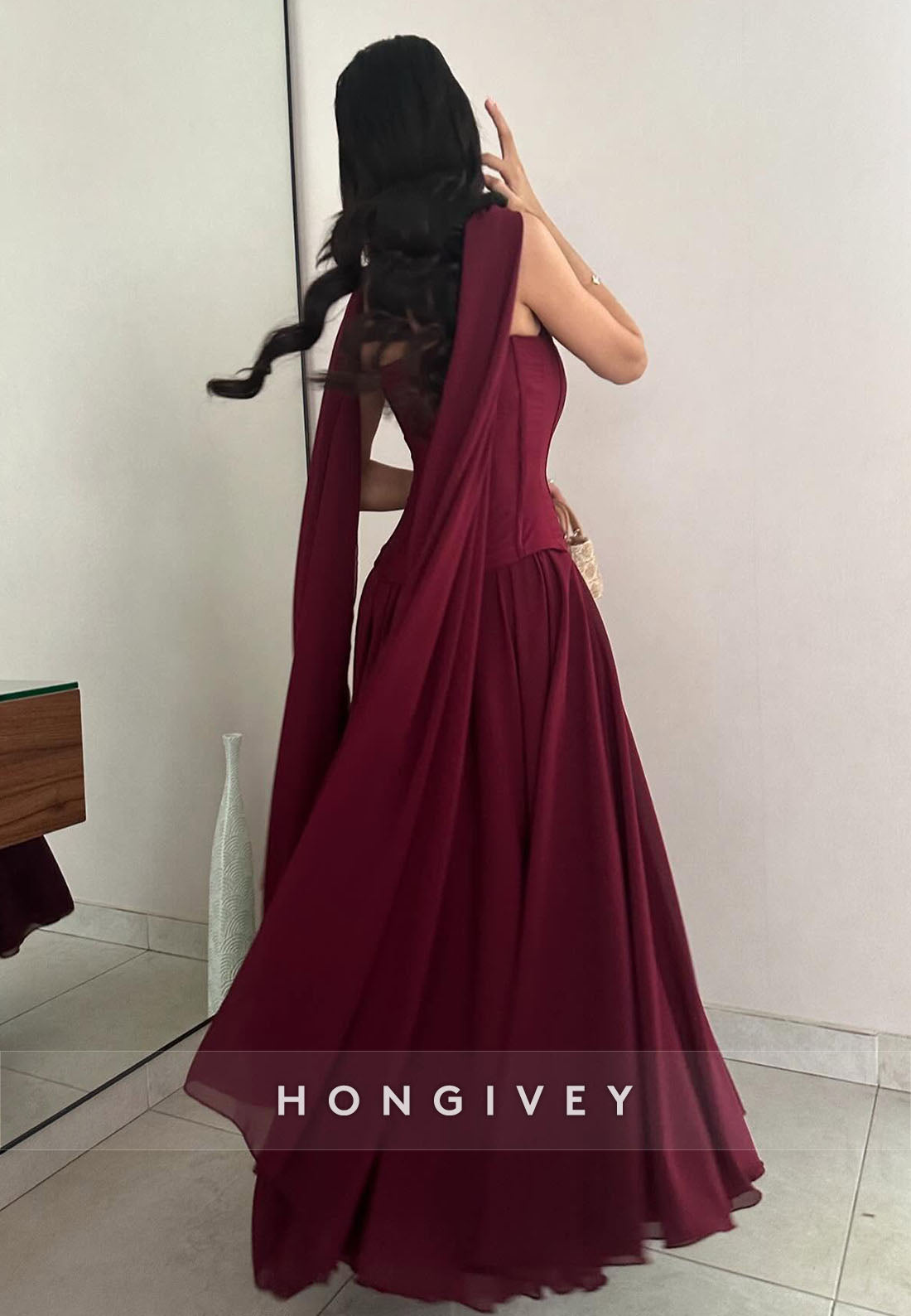 Pleated A-line Ankle-Length Silk Ribbon Halter Evening Gown