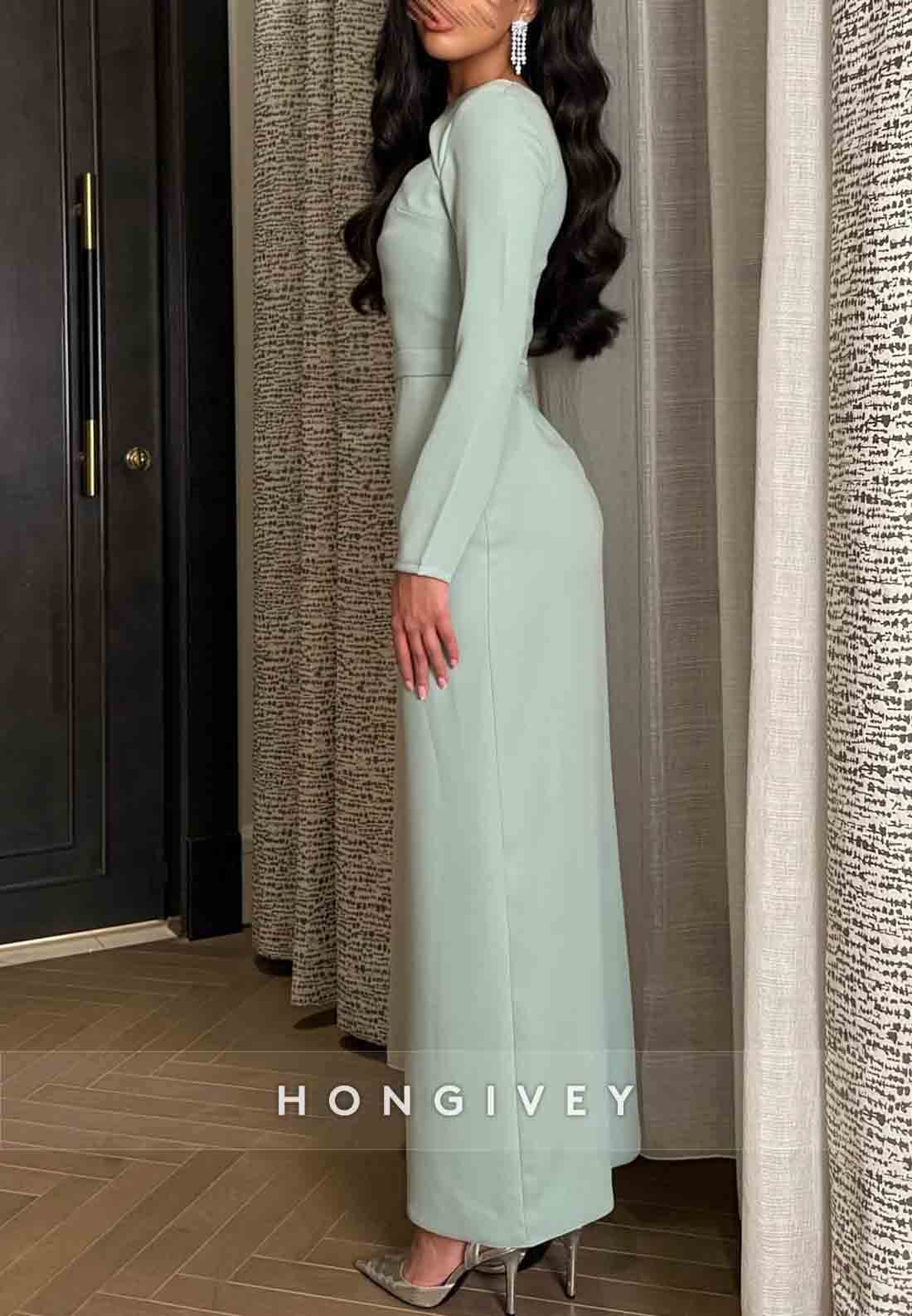 Long Sleeves Sage Ankle-Length Wedding Guest Column Evening Gowns