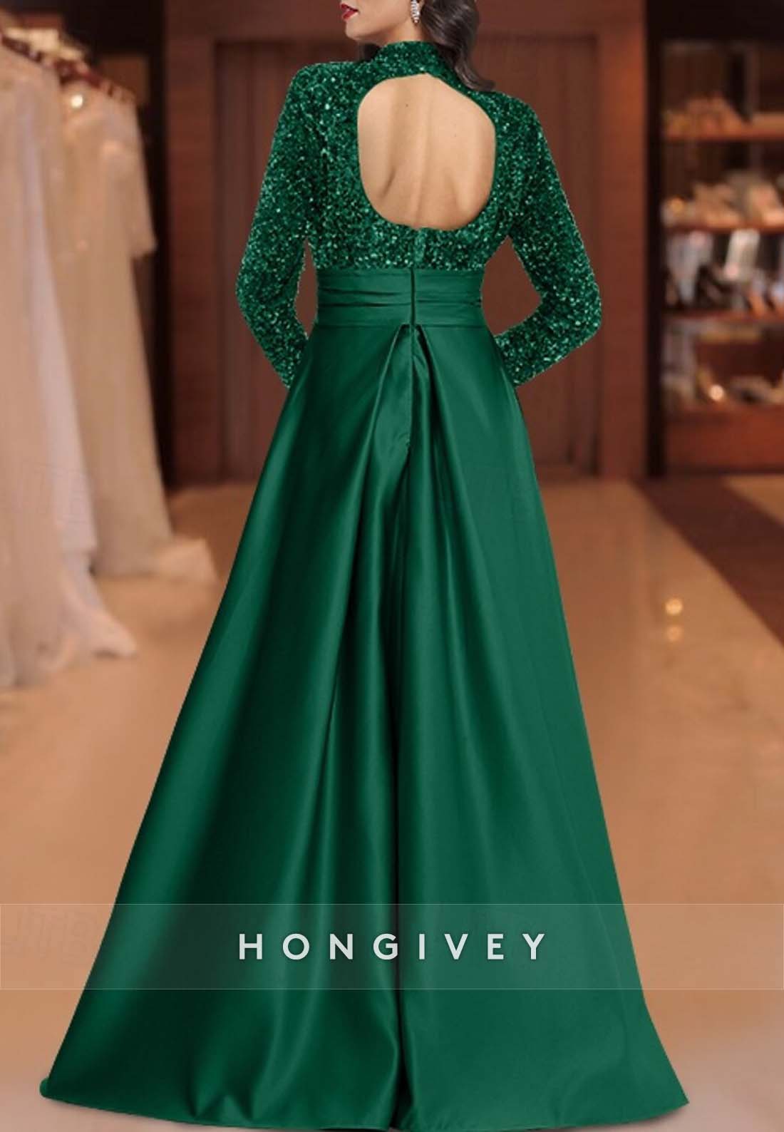 Back Hole Floor-Length Long Sleeve Pleated Glitter A-line Bowknot Evening Gown