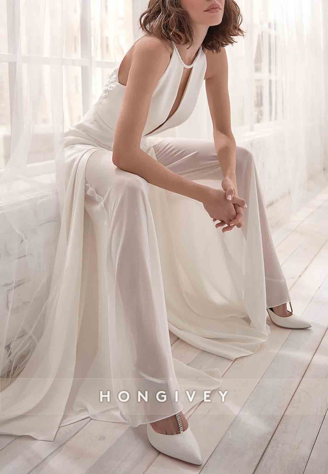 Low V-Neck Cut out Back Pleated Floor-Length Jumpsuit Wedding Dresses