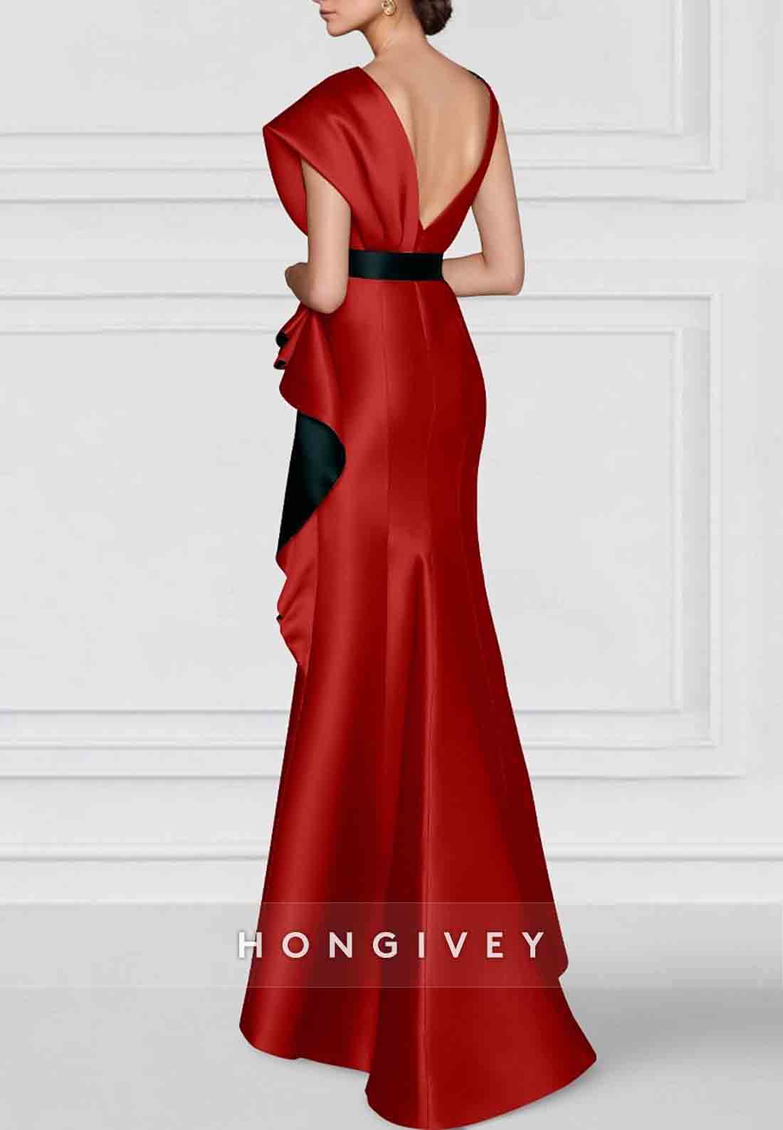 Waistband Appliqued Column Floor-Length V Neck Satin Mother of the Bride