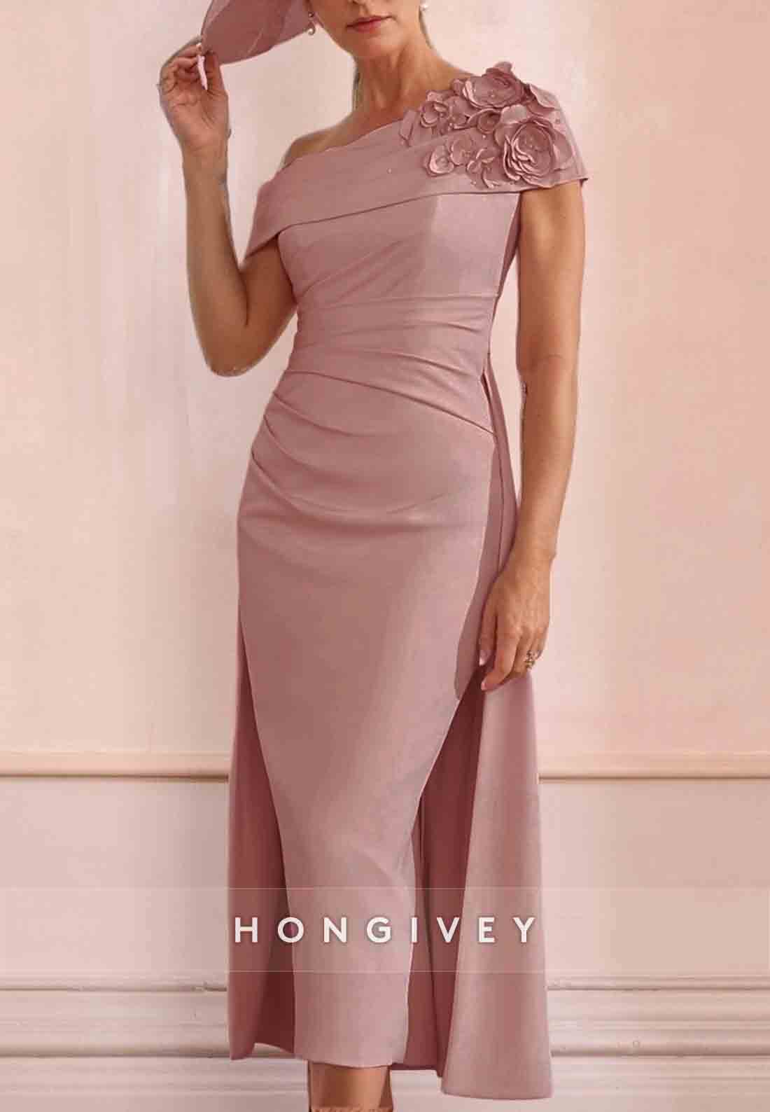 Shoulder Flowers Sheath Tea-Length One Shoulder Mother of the Bride Dress