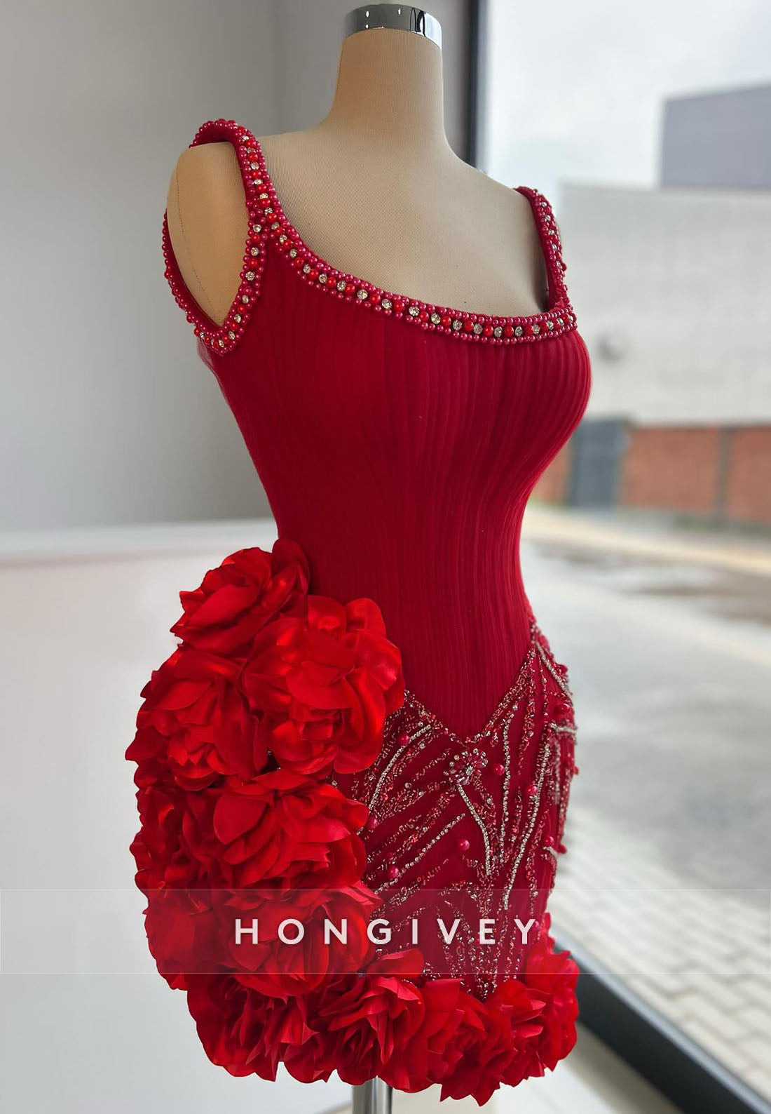 Red Regular Straps Short Homecoming Dress with 3D Flowers and Beading