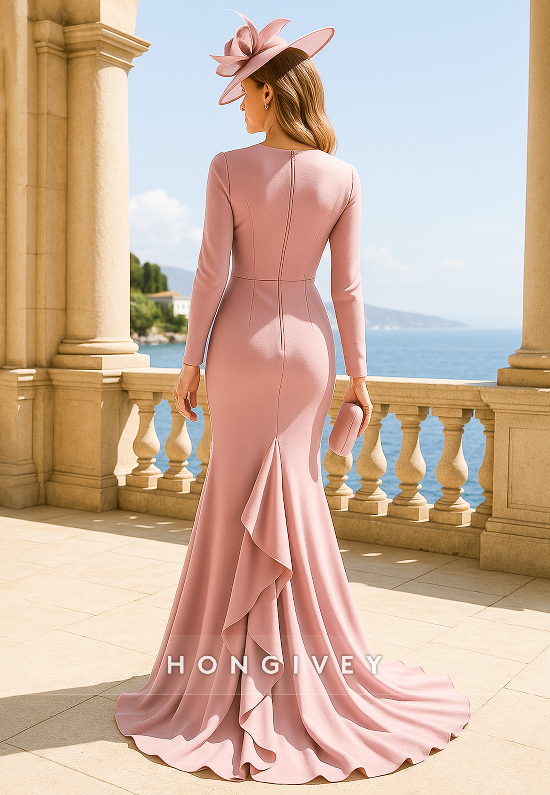 Low V-Neck Floor-Length Long Sleeves High Slit Elegant Mother of the Bride Dress