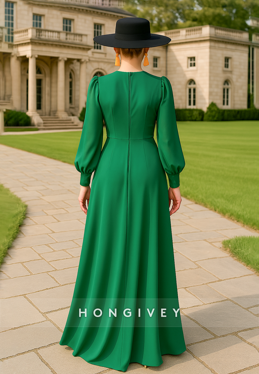 Emerald V-Neck Side Slit Long Sleeves Elegant A-Line Mother of the Bride Dress