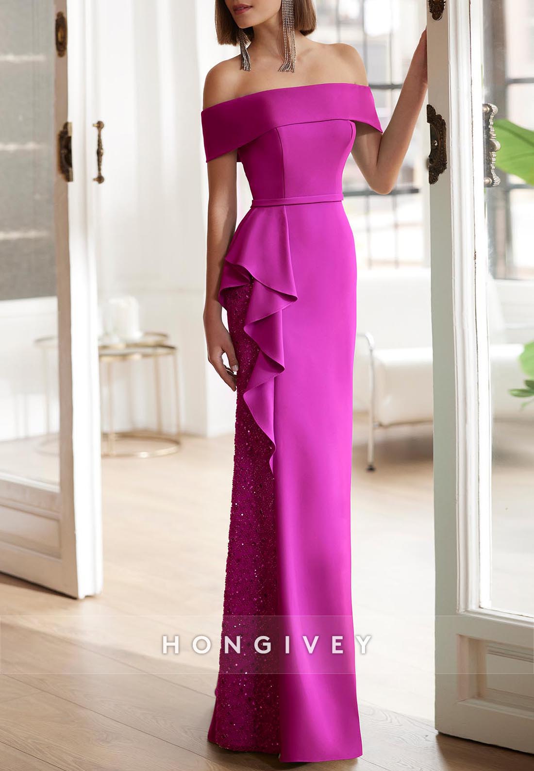 Column Floor-Length Pleated Off the Shoulder Mother of Bride Shawl Satin Evening Gown