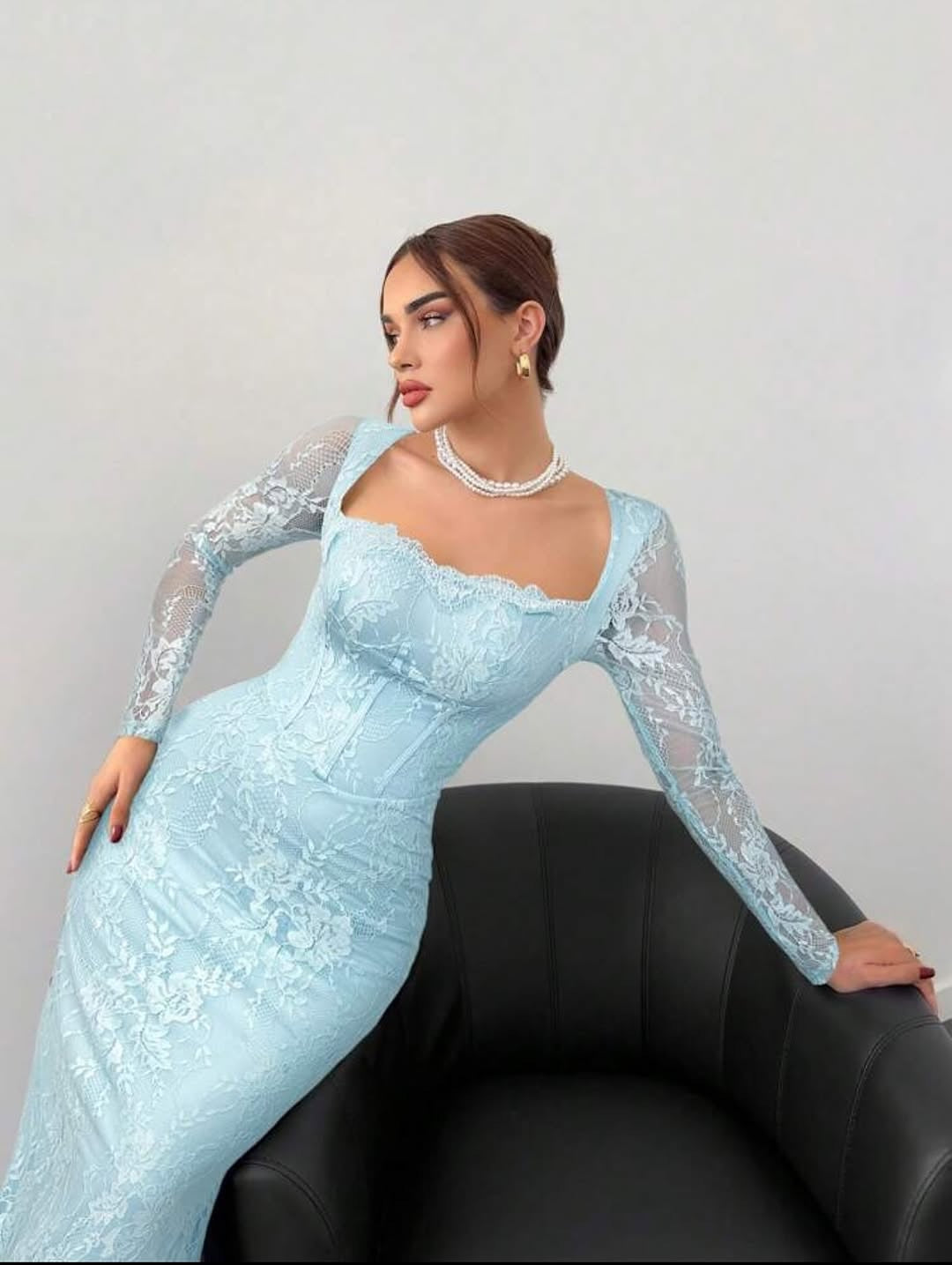 Blue Lace Square Neck Long Sleeve Mermaid Slit Evening Dress Floor-Length