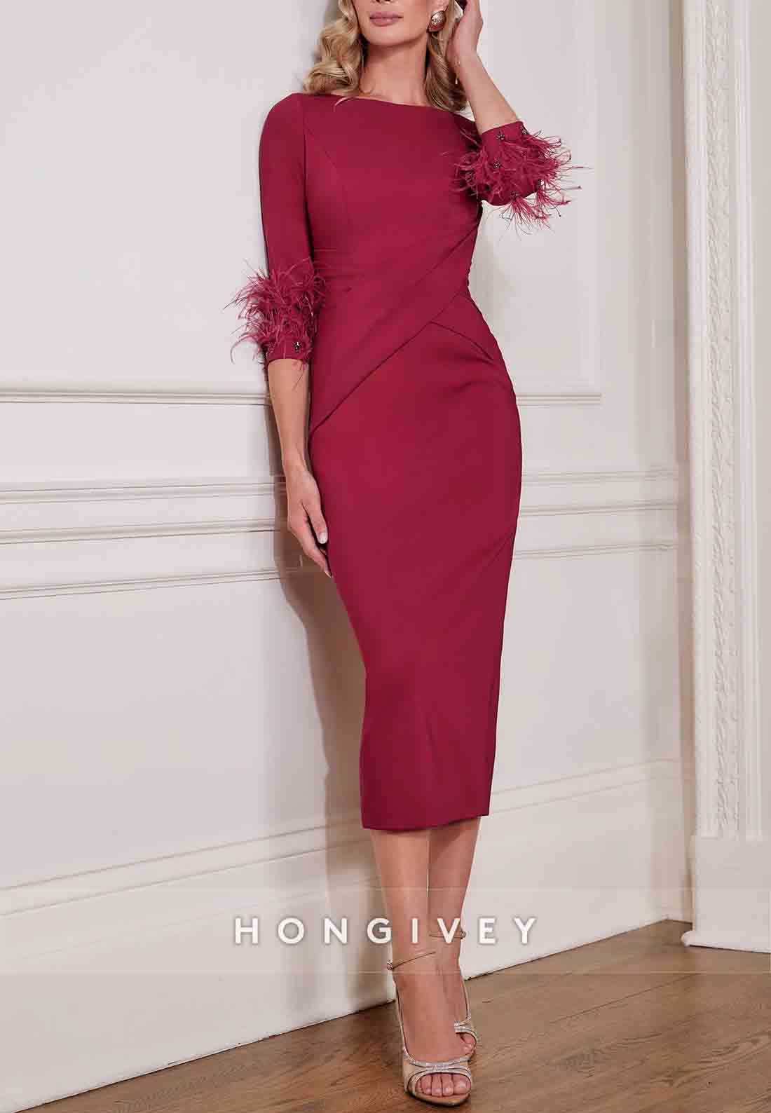 3/4 Sleeve Feather Mother of Bride Dress Sheath Tea-Length Cocktail Dresses