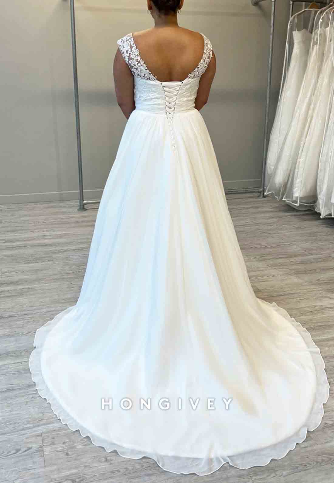 V Neck A-line Cap Sleeves Lace Crisscross Back Court Train Wedding Dresses