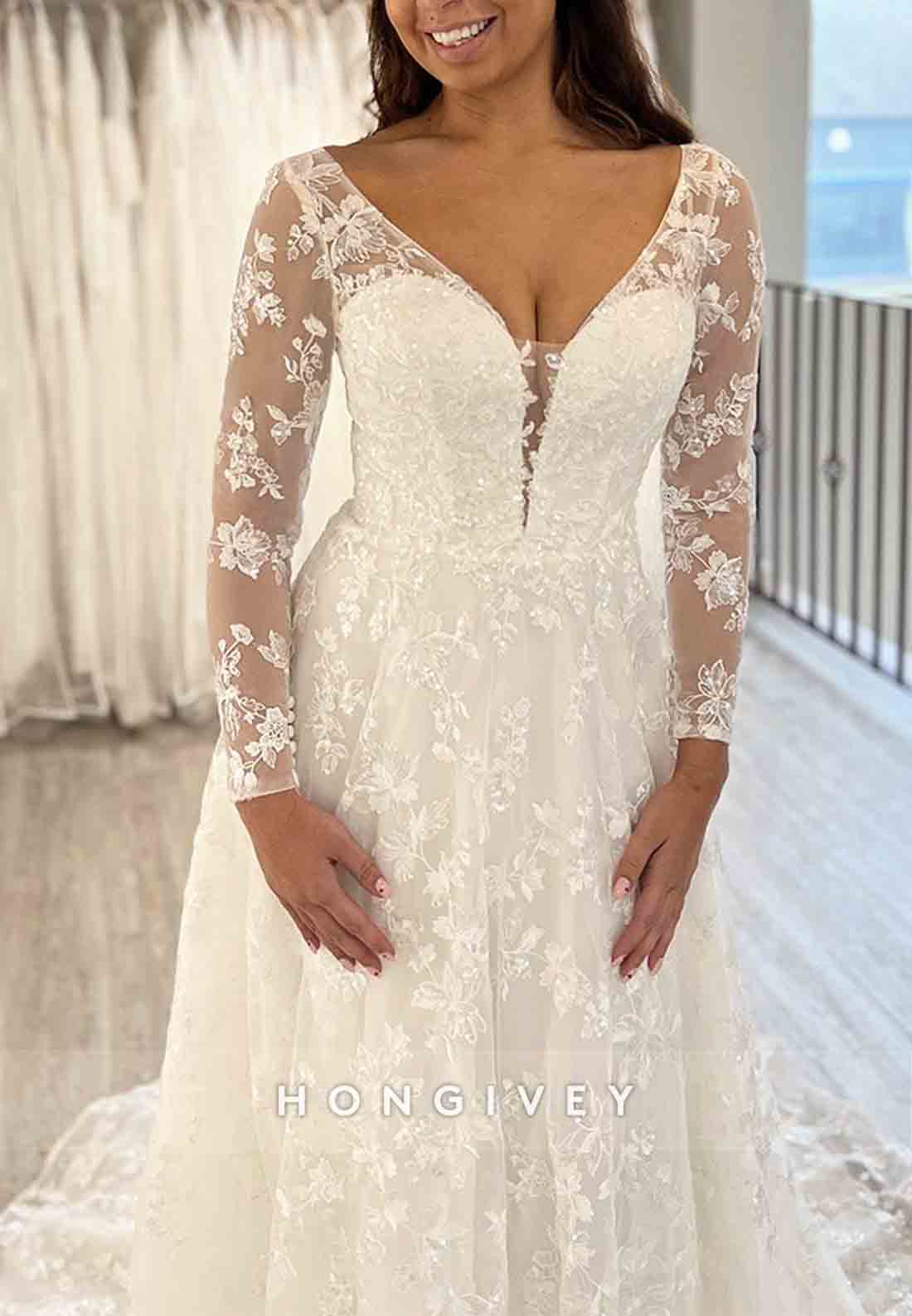 V Back A-line Court Train V Neck Lace Long Sleeve Wedding Dresses