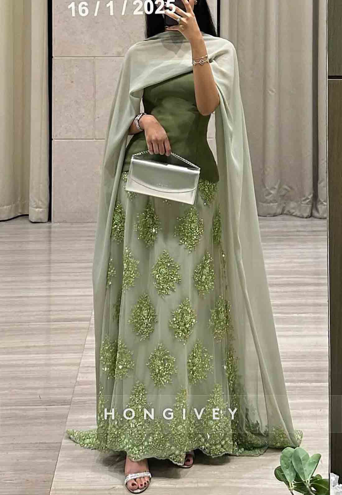 A-Line Cloak Beading Ankle-Length Side Draping Pleated Flowers Evening Gowns