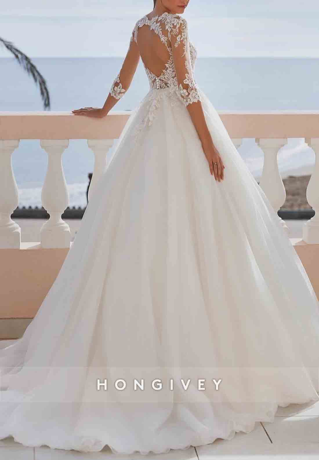 Back Hole Half Sleeves Princess Sweep Train Boho Wedding Dresses