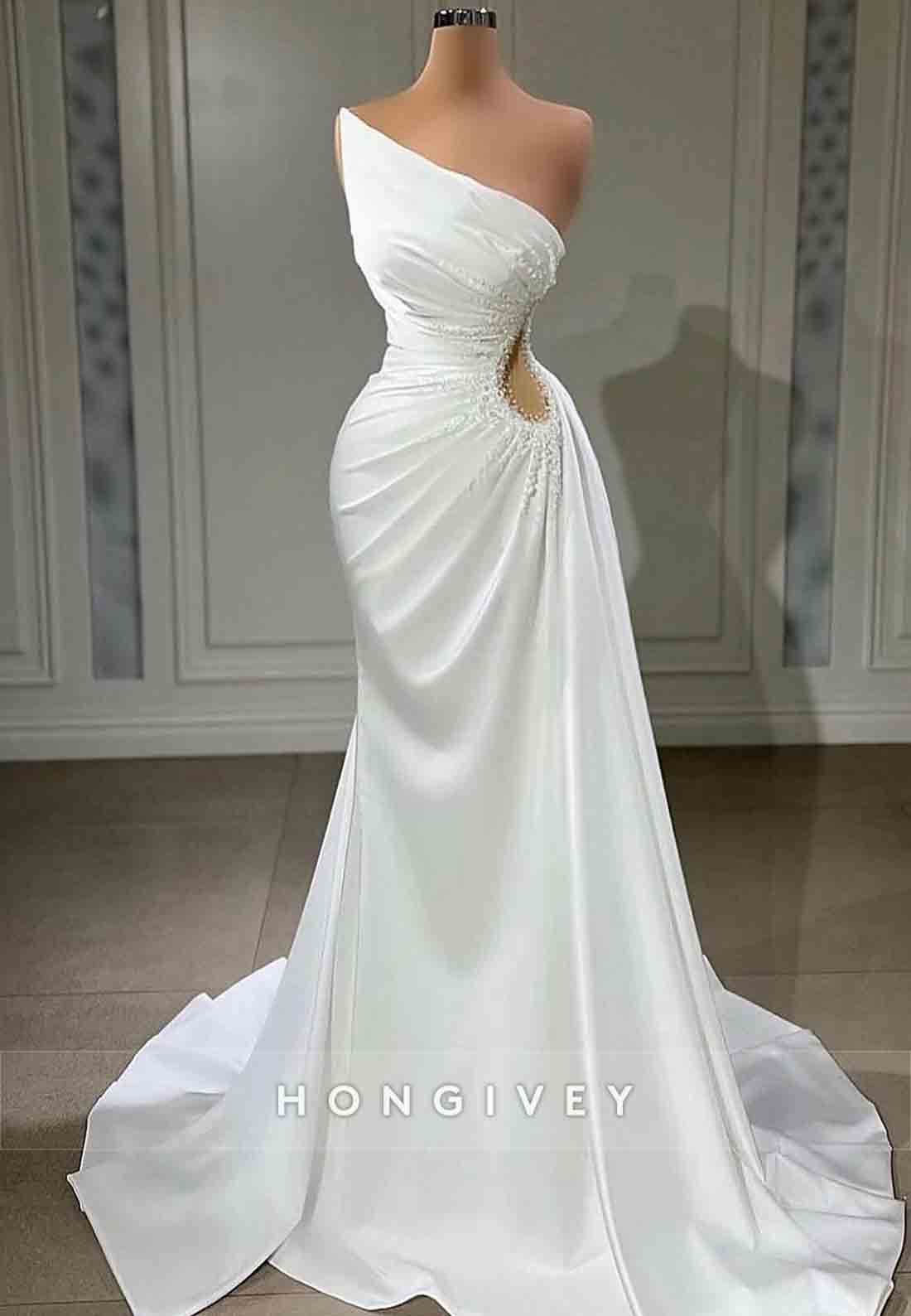 One Shoulder Pleated Sleeveless Sweep Train Satin Wedding Dresses