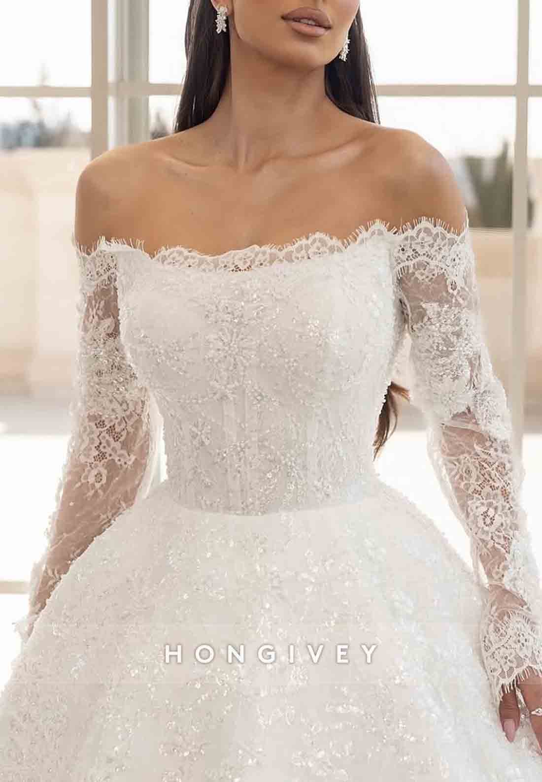 Off the Shoulder Long Sleeves Pleated Sweep Train Princess Lace Wedding Dresses