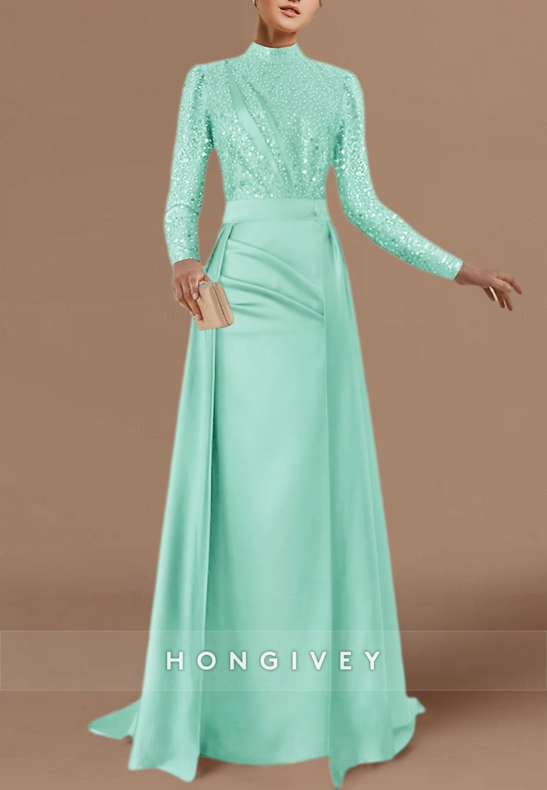 Satin Floor-Length Long Sleeve Evening Gown High Neck Pleated Detachable Formal Dresses