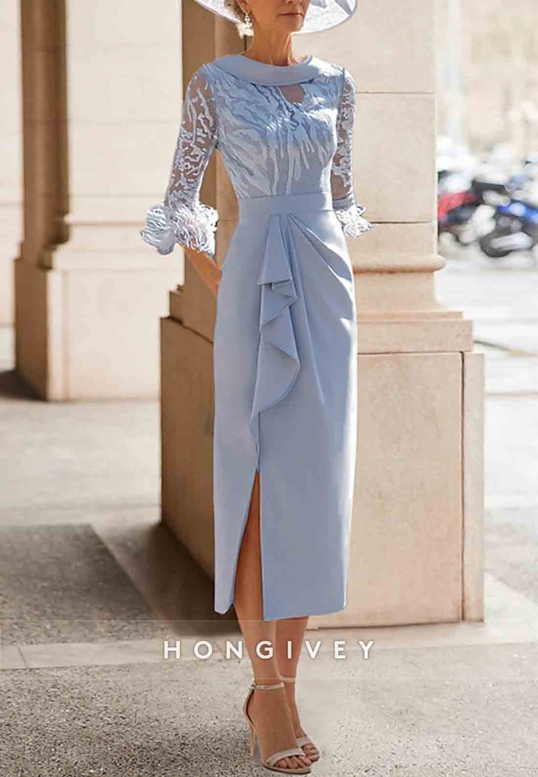Pleated Feather 3/4 Sleeve Tea-Length Sheath Side Slit Mother of the Bride