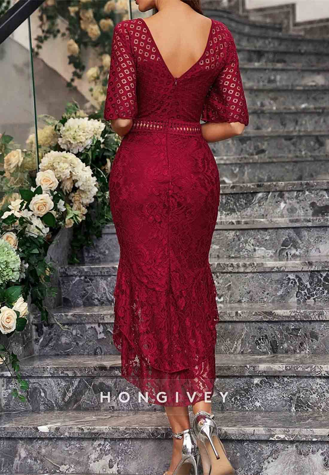 Illusion Neck Half Sleeve Knee-Length V Neck Lace Mermaid Mother of the Bride Dress