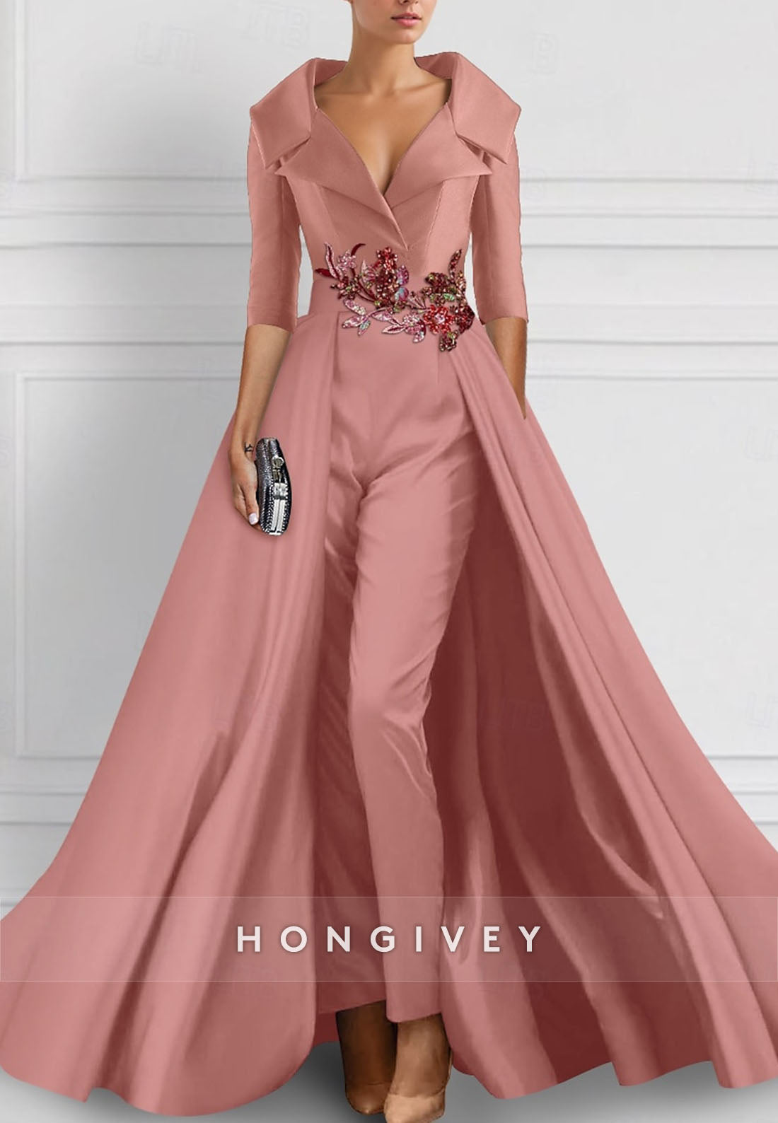 Jumpsuit V Neck Satin Watteau Train Half Sleeve Appliqued Evening Gown