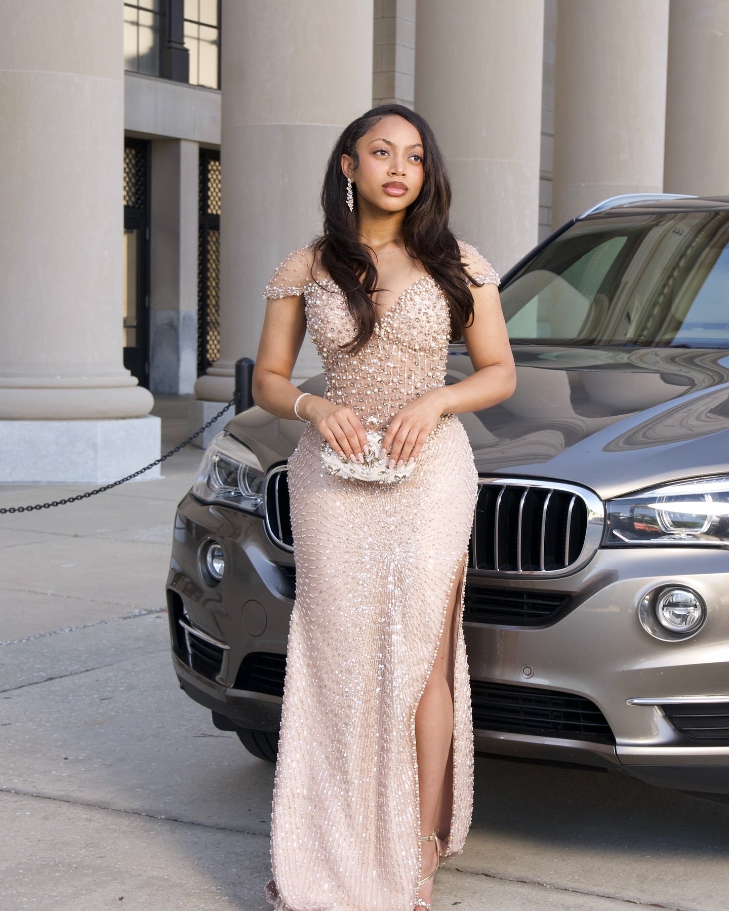 O-Neck SleevelessBeaded Sparkle Mermaid Slit Prom Dress for Black Girls