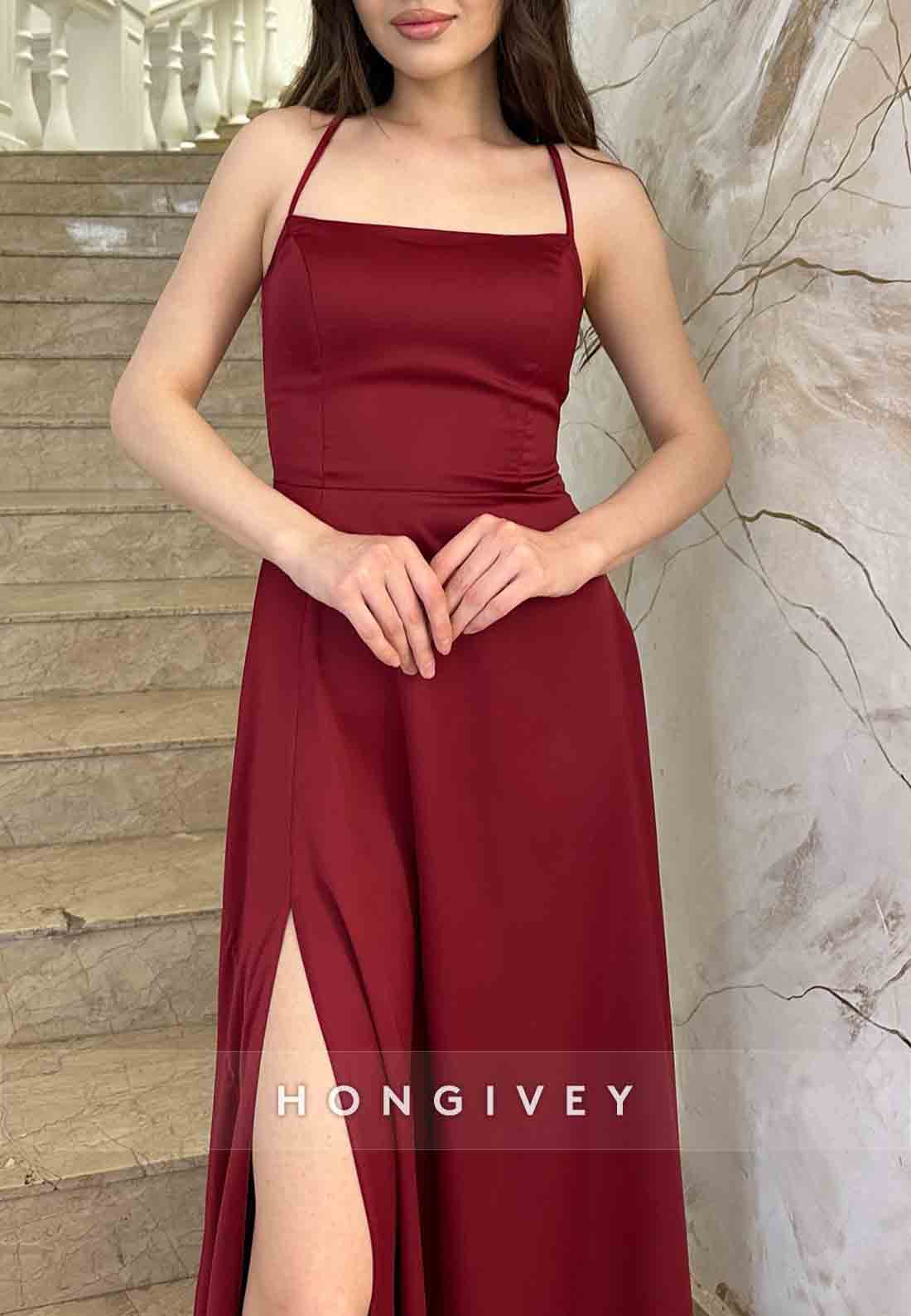 Simple Halter Tie Back A-Line High Slit Guest of Wedding Evening Gowns