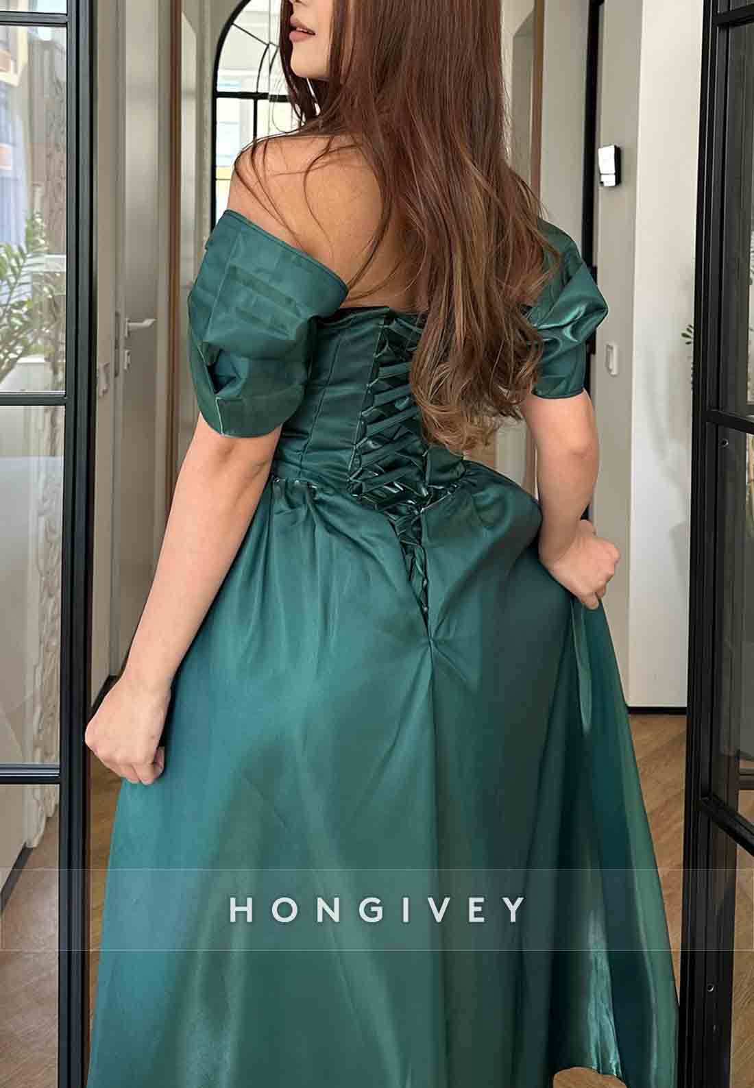 Off the Shoulder Floor-Length Ruffles Satin Pleated Crisscross Back Evening Gowns