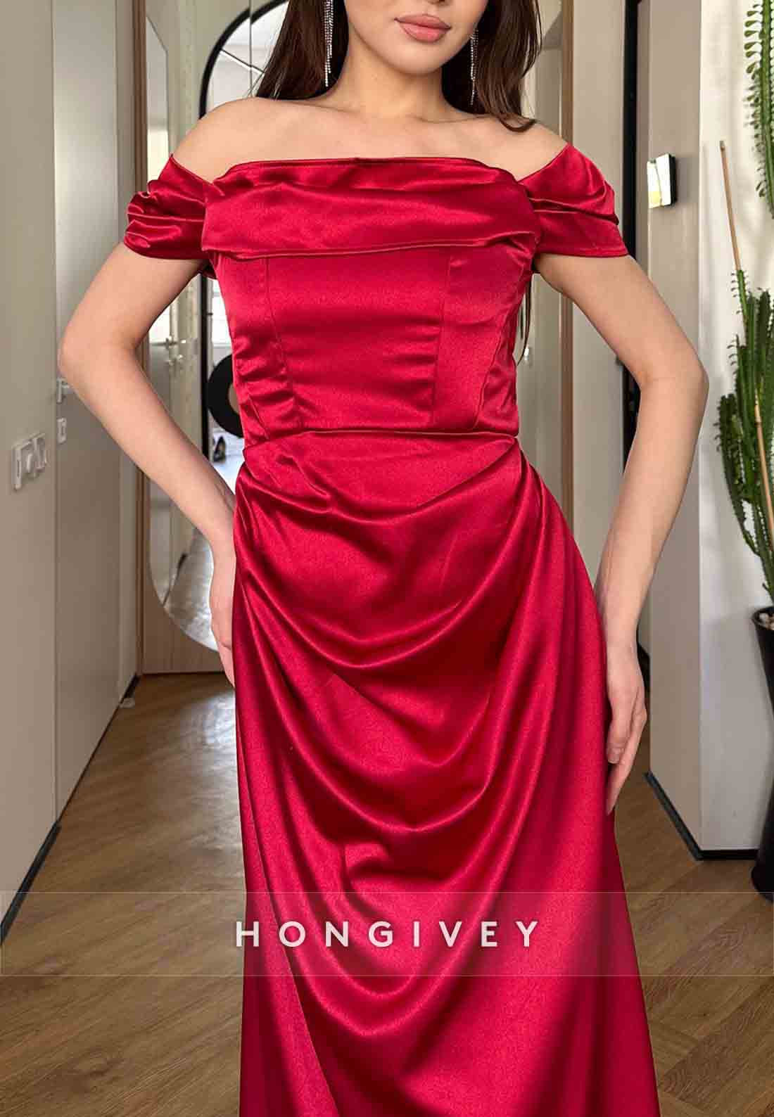 Red Off the Shoulder Floor-Length Satin Column Pleated Evening Gowns