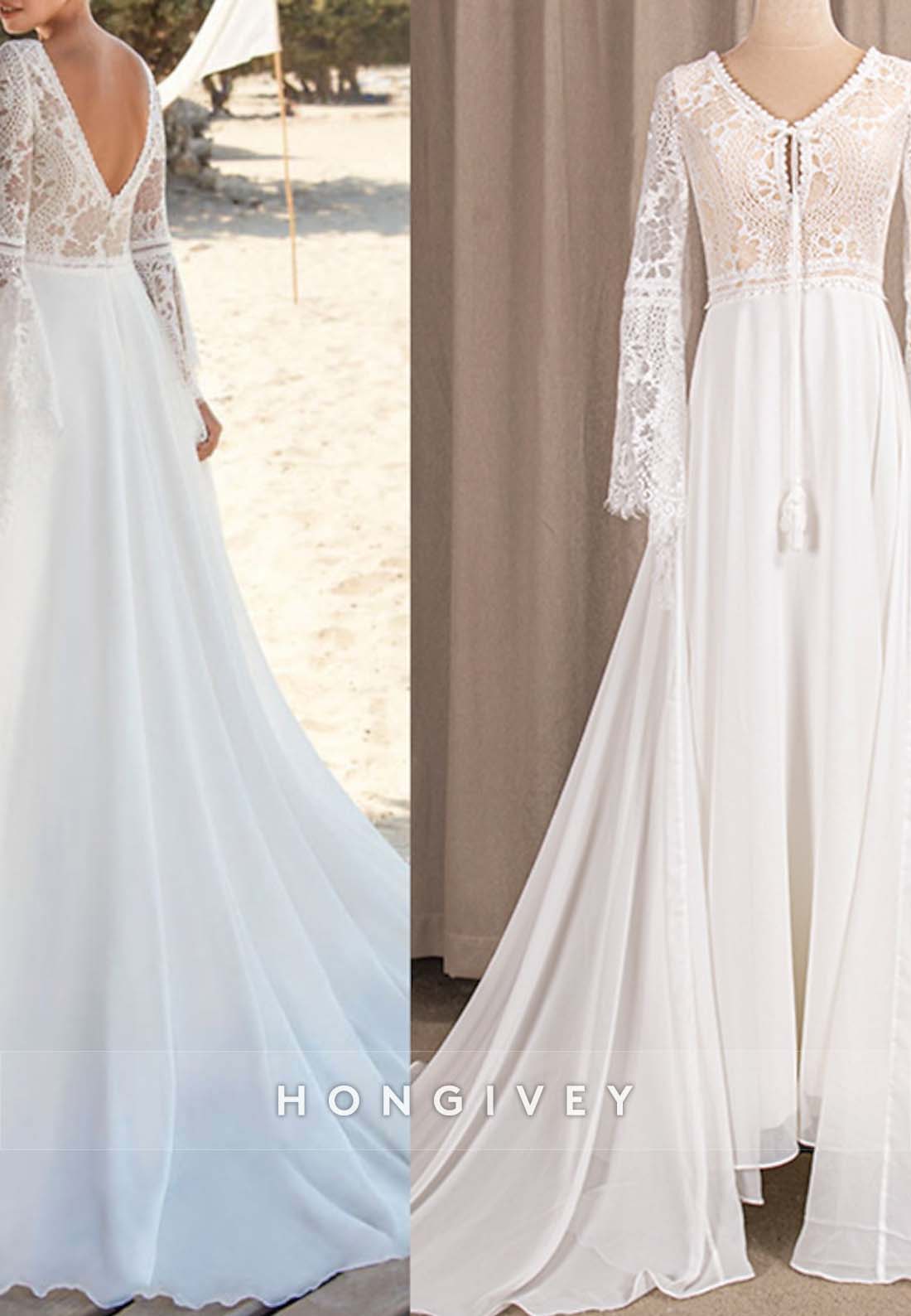 V Back Pleated Lace Sweep Train V Neck Flutter Sleeves Boho Wedding Dresses