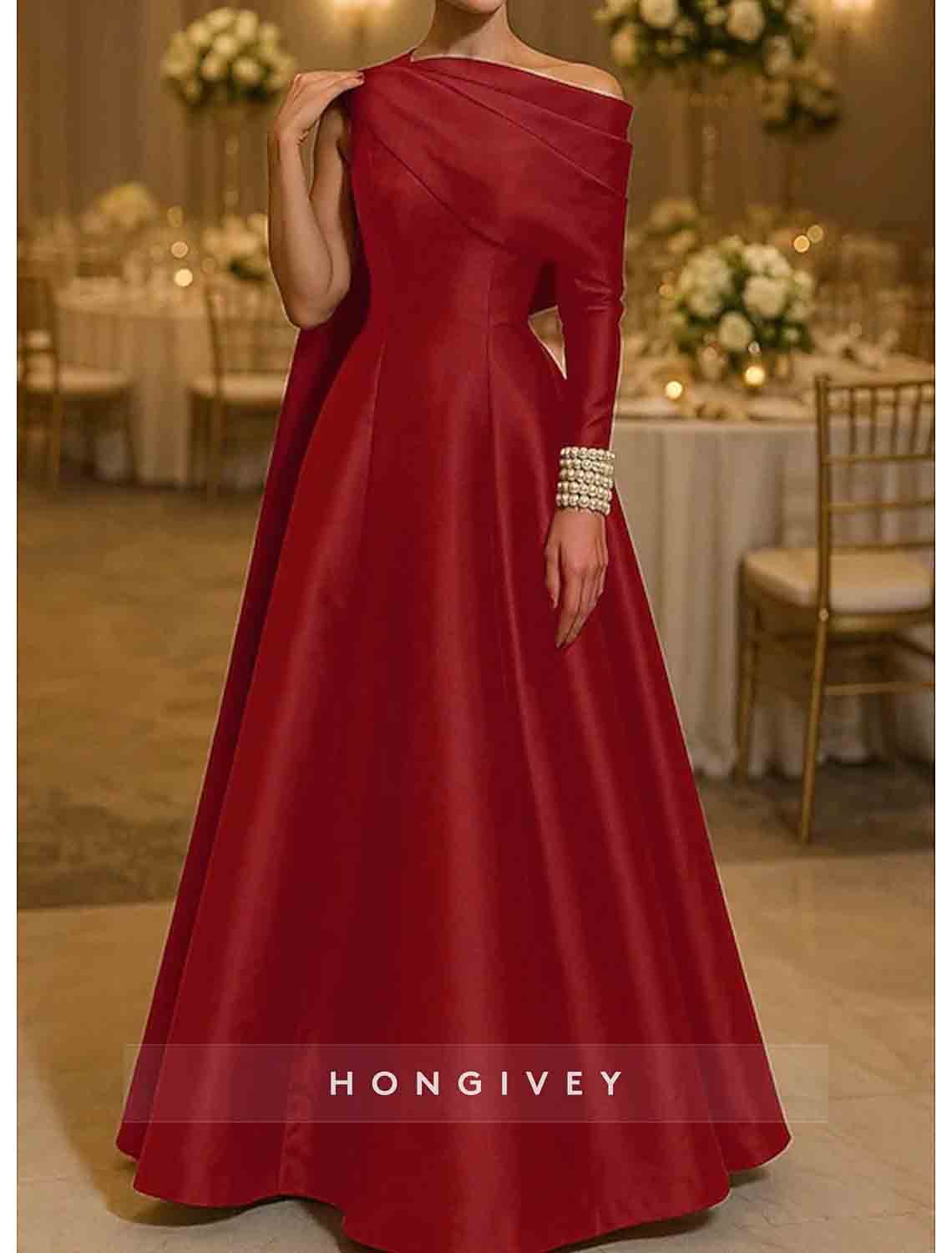 One Shoulder Long Sleeves A-Line Beaded Evening Dress