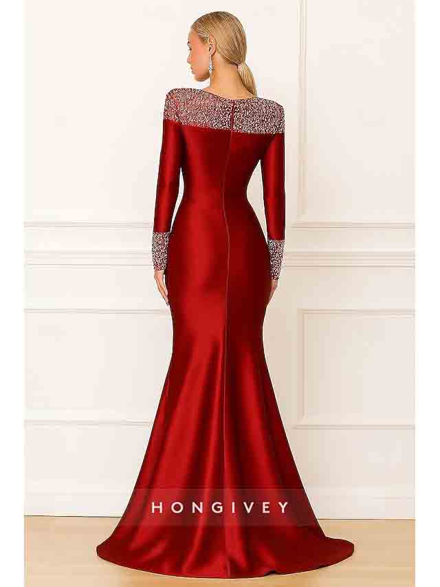 Beaded Long Sleeve Meimaid Evening Dress