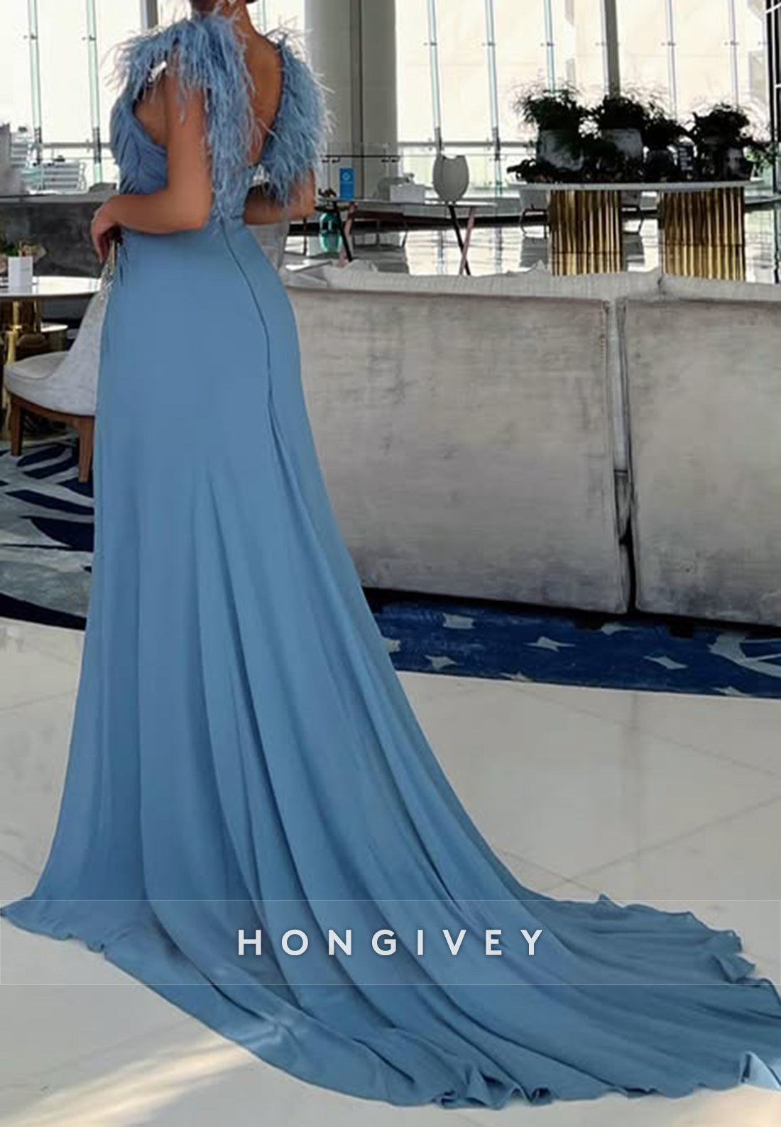 Sky Blue Sheath Court Train V Neck Cap Sleeves Pleated Feather Evening Gown