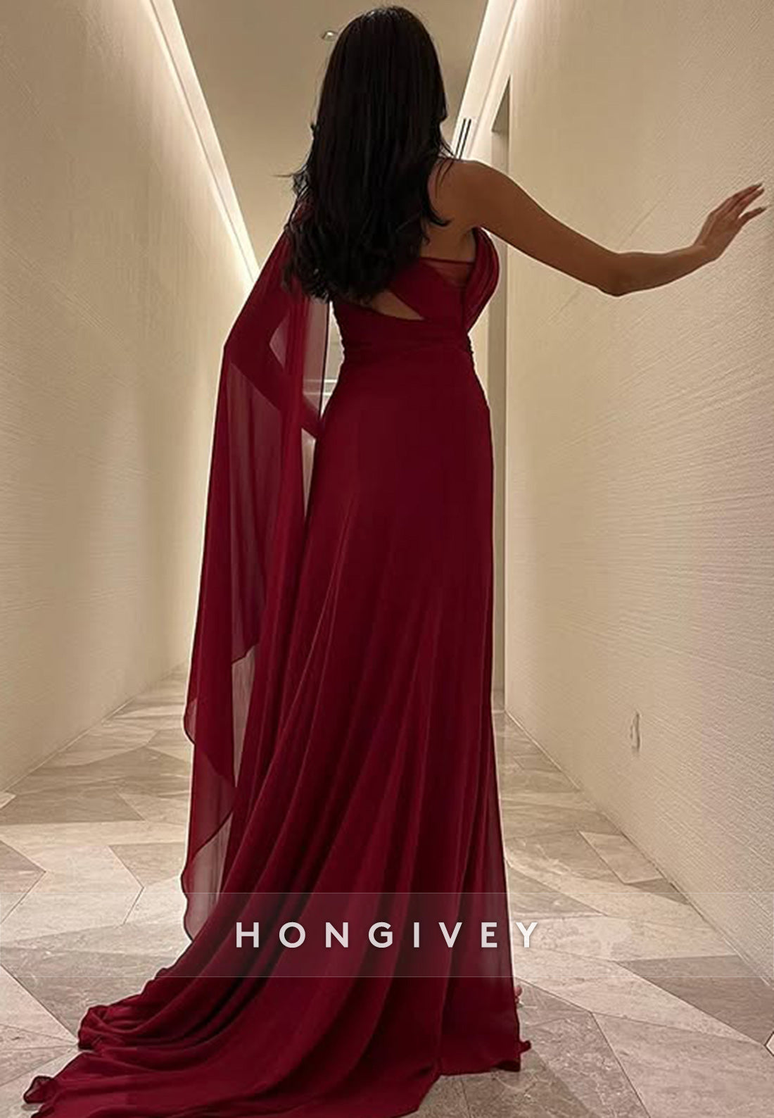 Side Draping Sheath Watteau Train One Shoulder Pleated Split Evening Gown