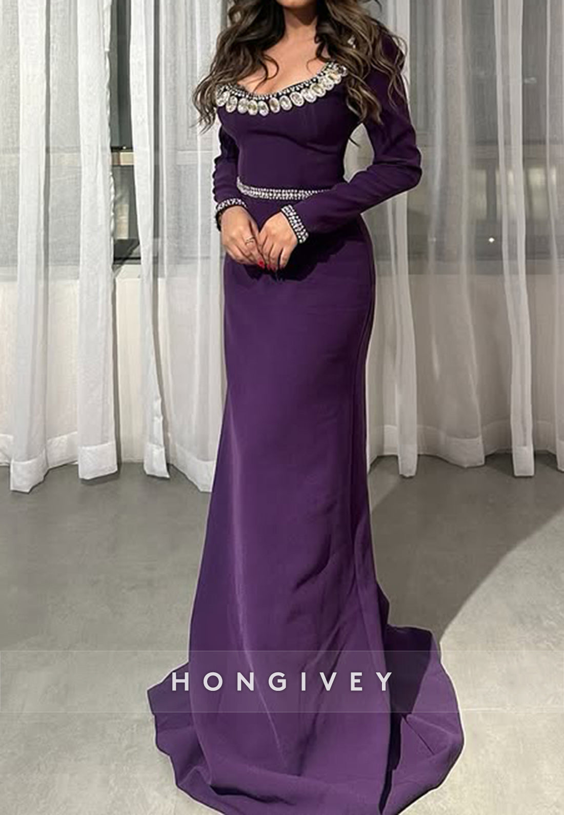 Elegant Rhinestone Evening Gown Court Train Column Scoop Long Sleeve F Elegant Rhinestone Evening Gown Court Train Column Scoop Long Sleeve F