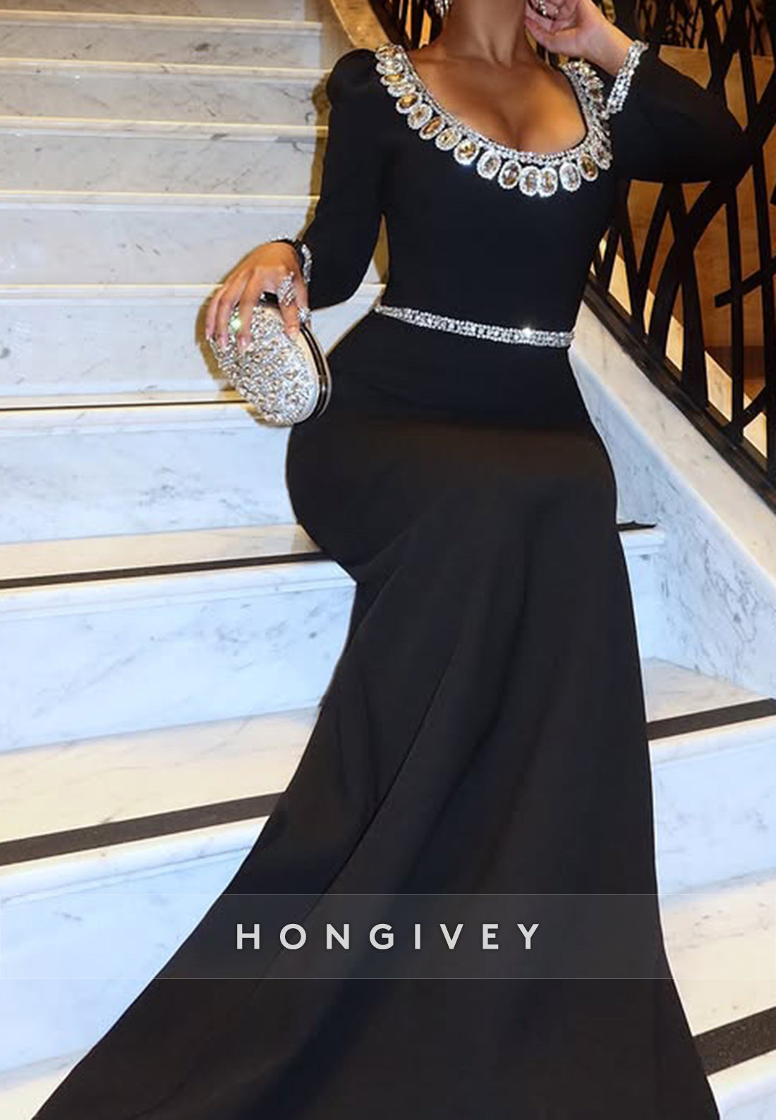 Elegant Rhinestone Evening Gown Court Train Column Scoop Long Sleeve Formal Dresses