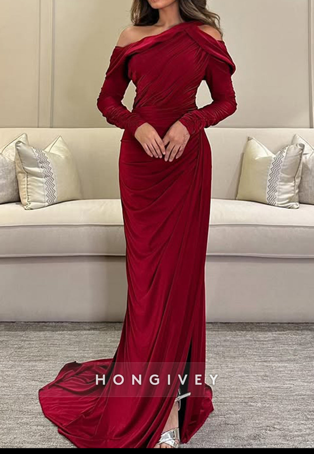 Red Sheath Court Train Asymmetrical Neck Satin Long Sleeve Side Slit P Red Sheath Court Train Asymmetrical Neck Satin Long Sleeve Side Slit P