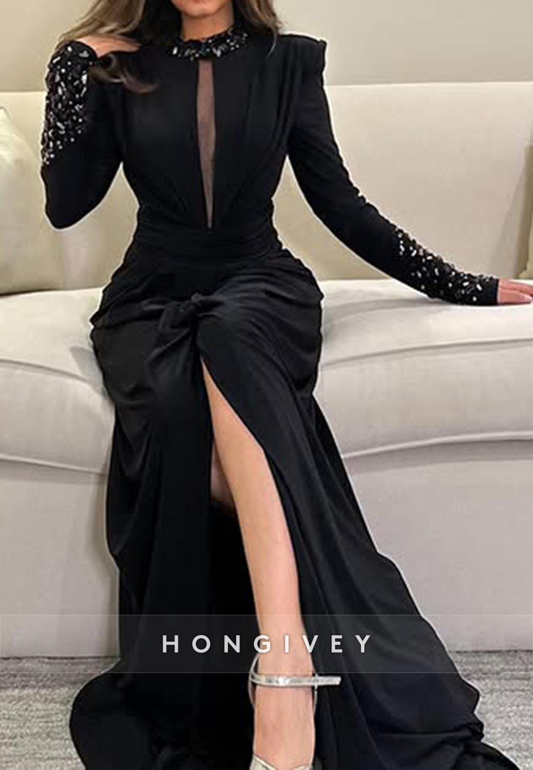 Black Long Sleeve High Neck Sheath Side Slit Pleated Evening Gown