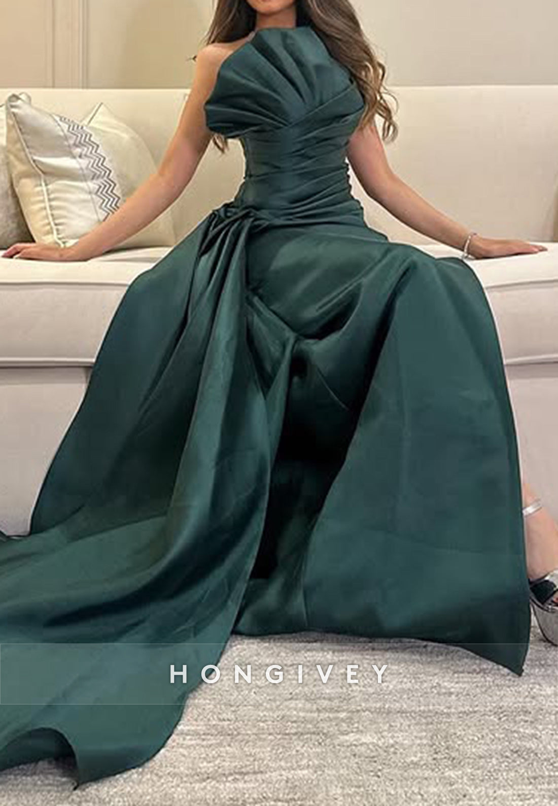 Split Ruffles Court Train Formal Dresses Satin Off the Shoulder Evening Gown