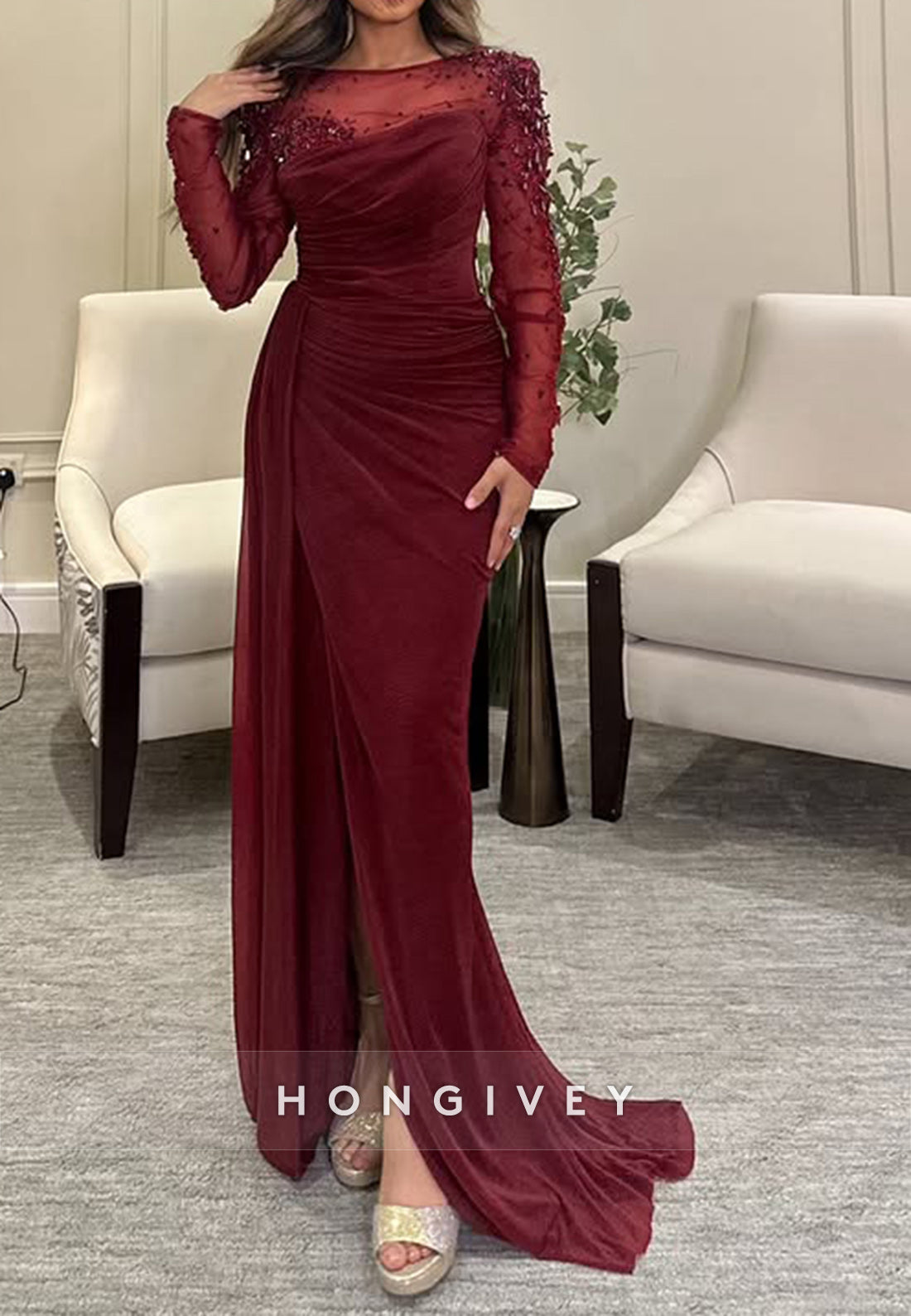 Sheath Court Train Illusion Neck Long Sleeve Pleated Side Slit Evening Gown
