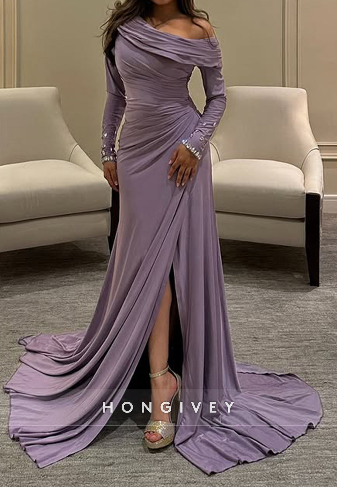Column Chapel Train One Shoulder Long Sleeve Pleated Slit Evening Gown Column Chapel Train One Shoulder Long Sleeve Pleated Slit Evening Gown