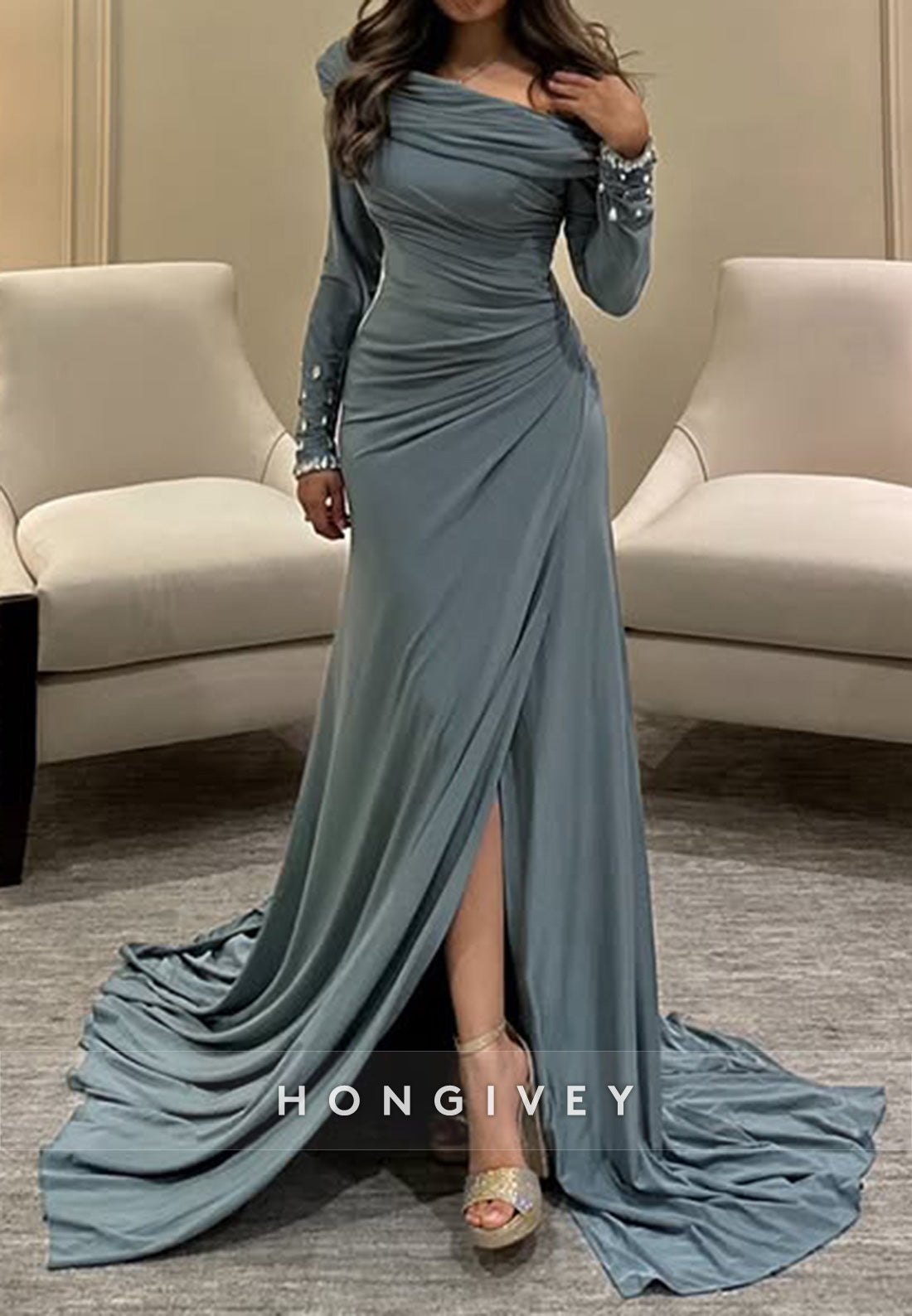 Column Chapel Train One Shoulder Long Sleeve Pleated Slit Evening Gown