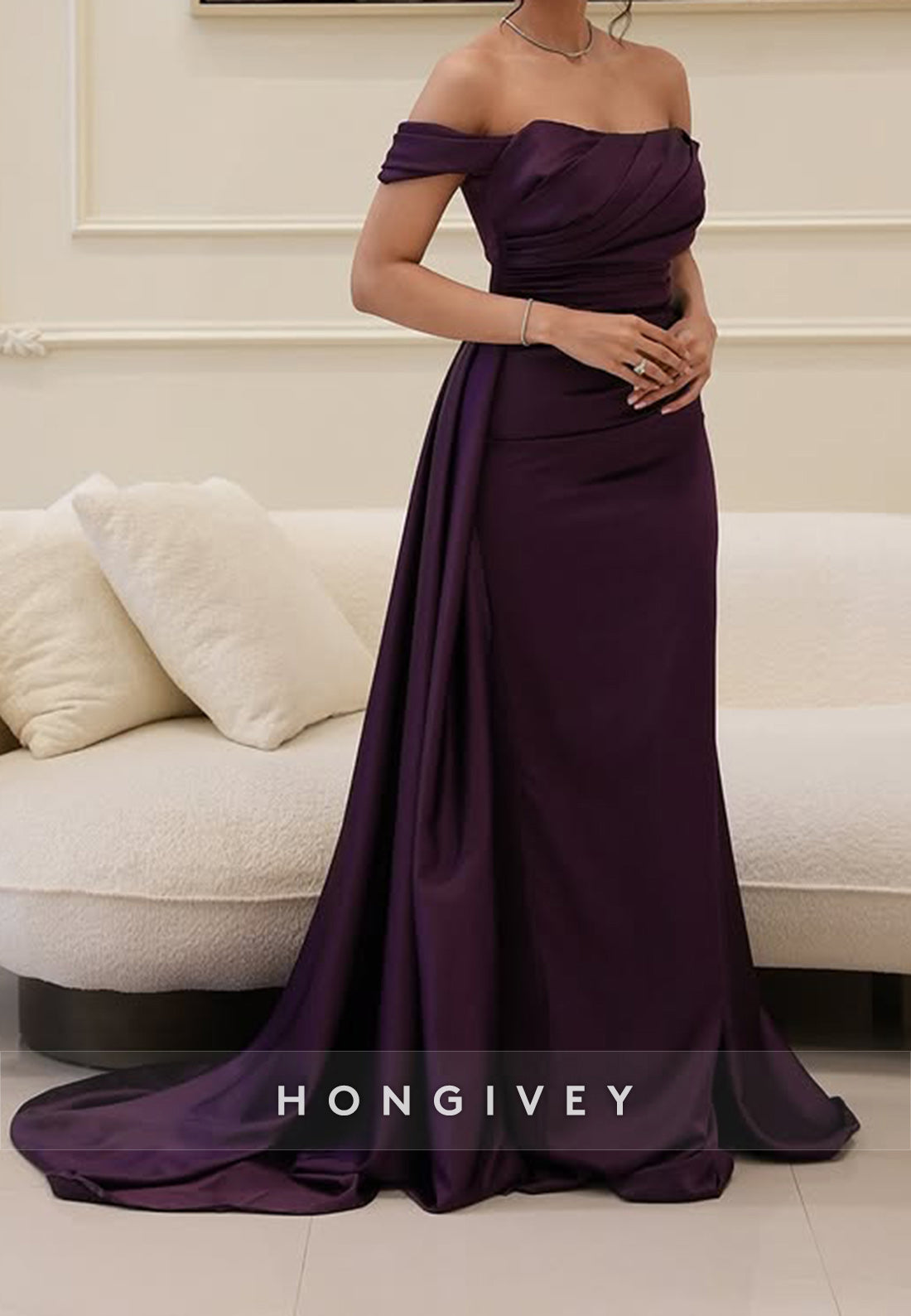 Column Off the Shoulder Chapel Train Satin Pleated Watteau Train Evening Gown