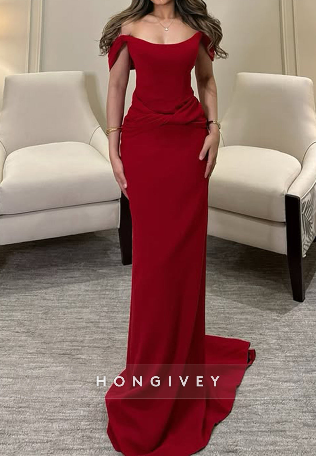 Court Train Sheath Satin Off the Shoulder Pleated Evening Gown