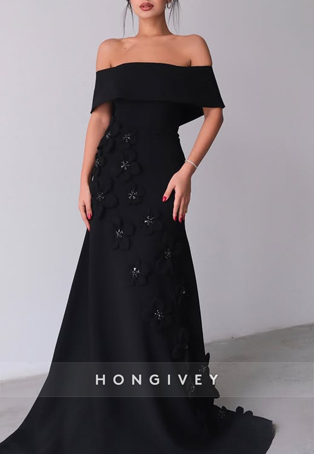 Off the Shoulder Evening Gown Trumpet Court Train Satin Handmade Flowers Pleated