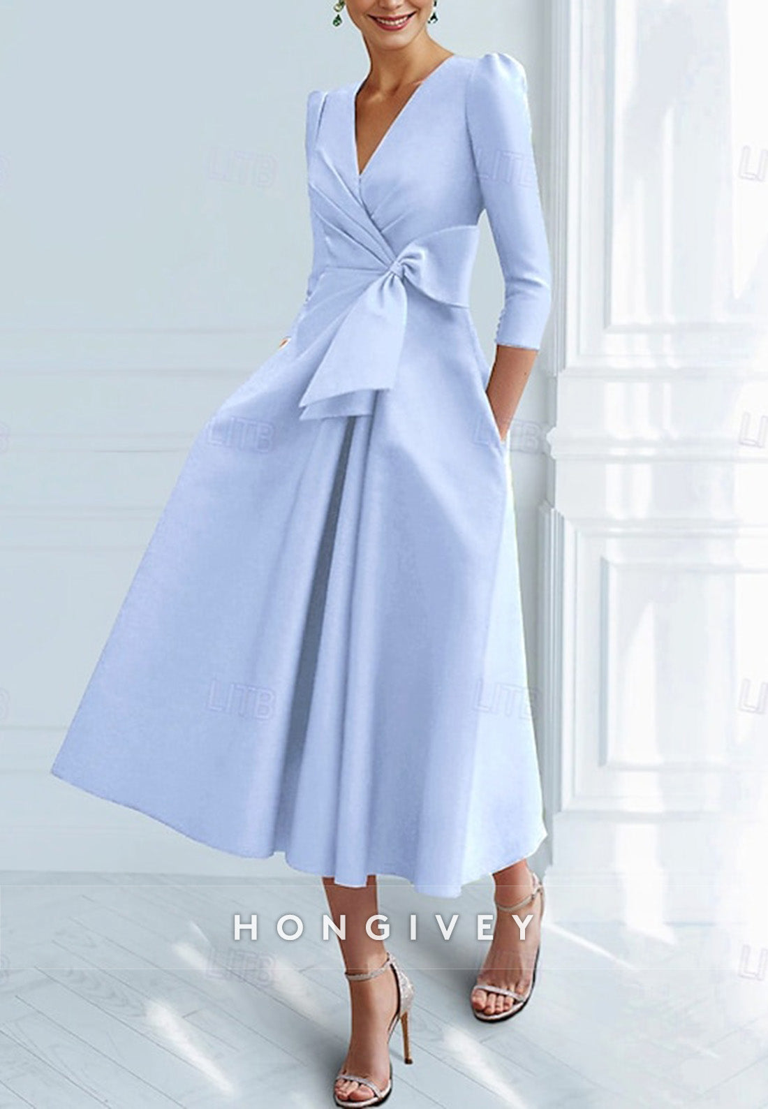 V Neck Tea-Length 3/4 Sleeve A-Line Ruched Cocktail Dresses with Bow(s)