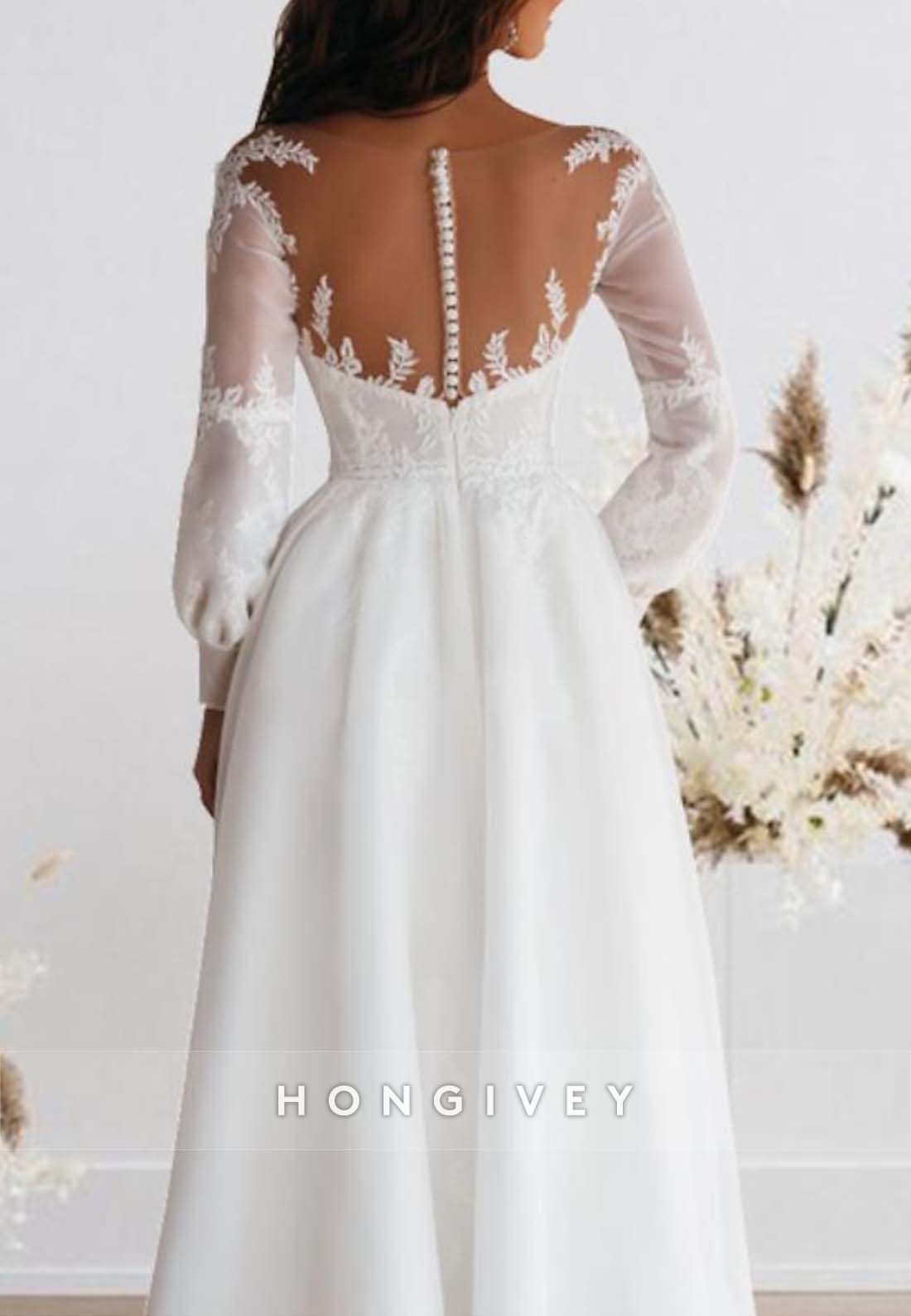 Tea-Length Pleated A-line Long Sleeve Lace V Neck Wedding Dresses